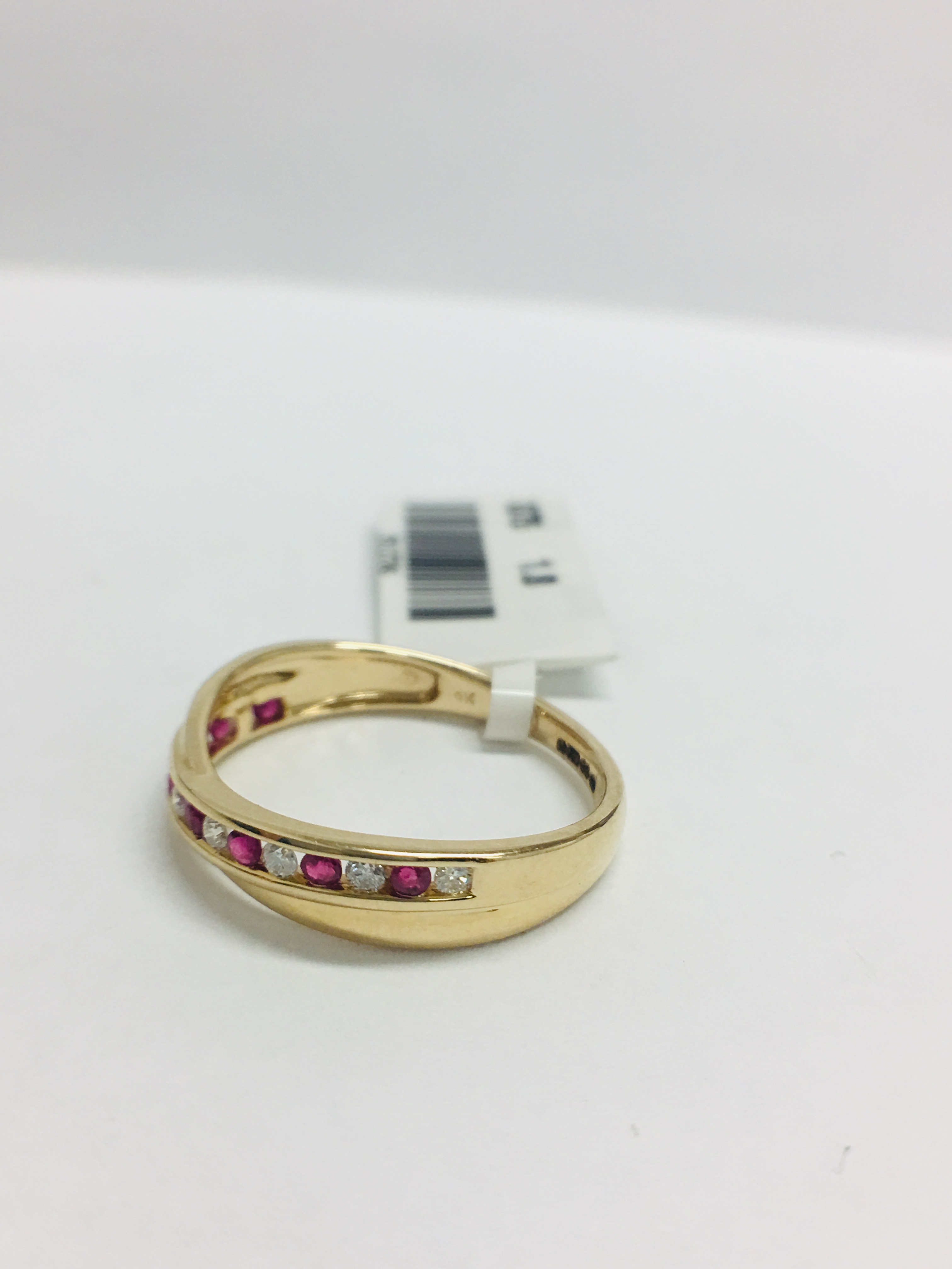 9Ct Yellow Gold Ruby Diamond Crossover Band Ring, - Image 3 of 8