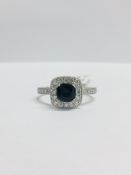 9Ct White Gold Cushion Shape Sapphire Diamond Dress Ring,