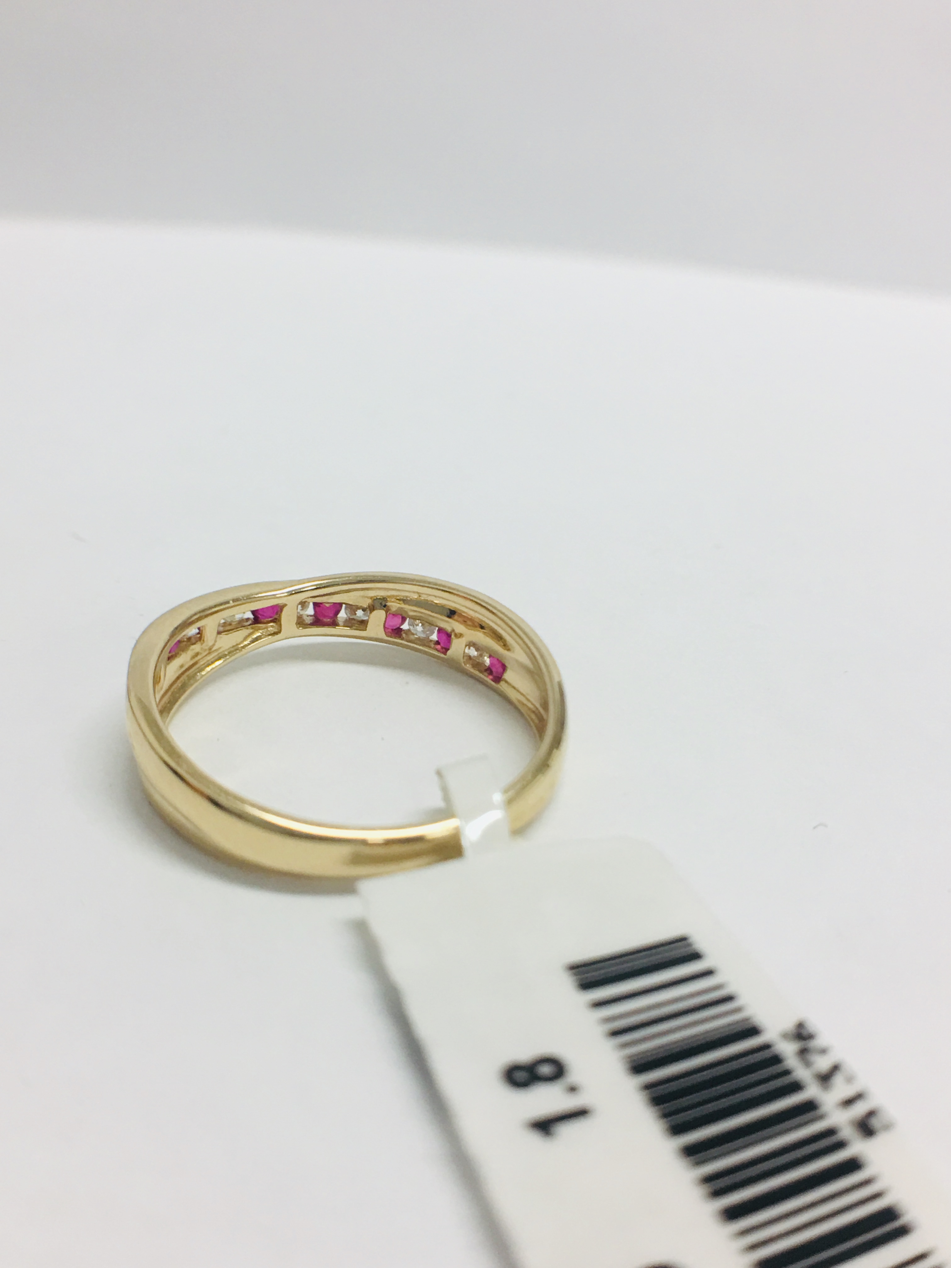 9Ct Yellow Gold Ruby Diamond Crossover Band Ring, - Image 4 of 8