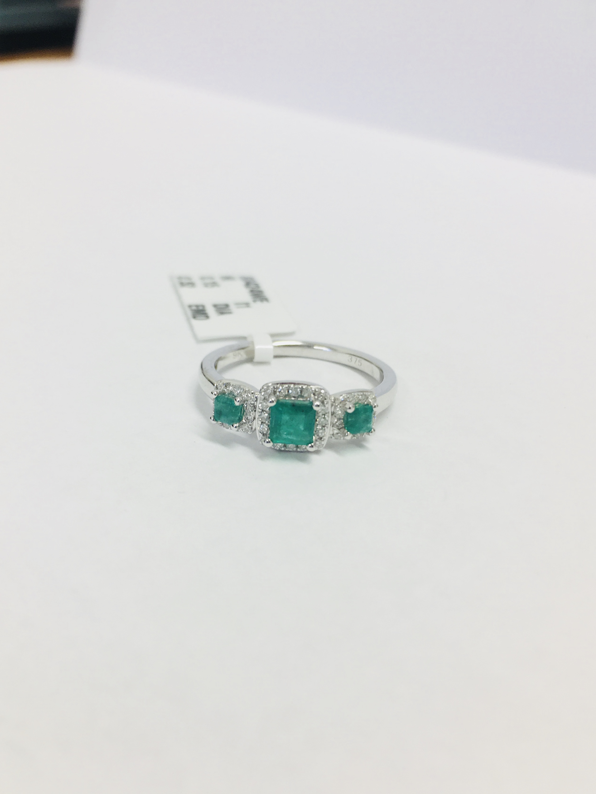 9Ct White Gold Diamond Emerald Cluster Ring,