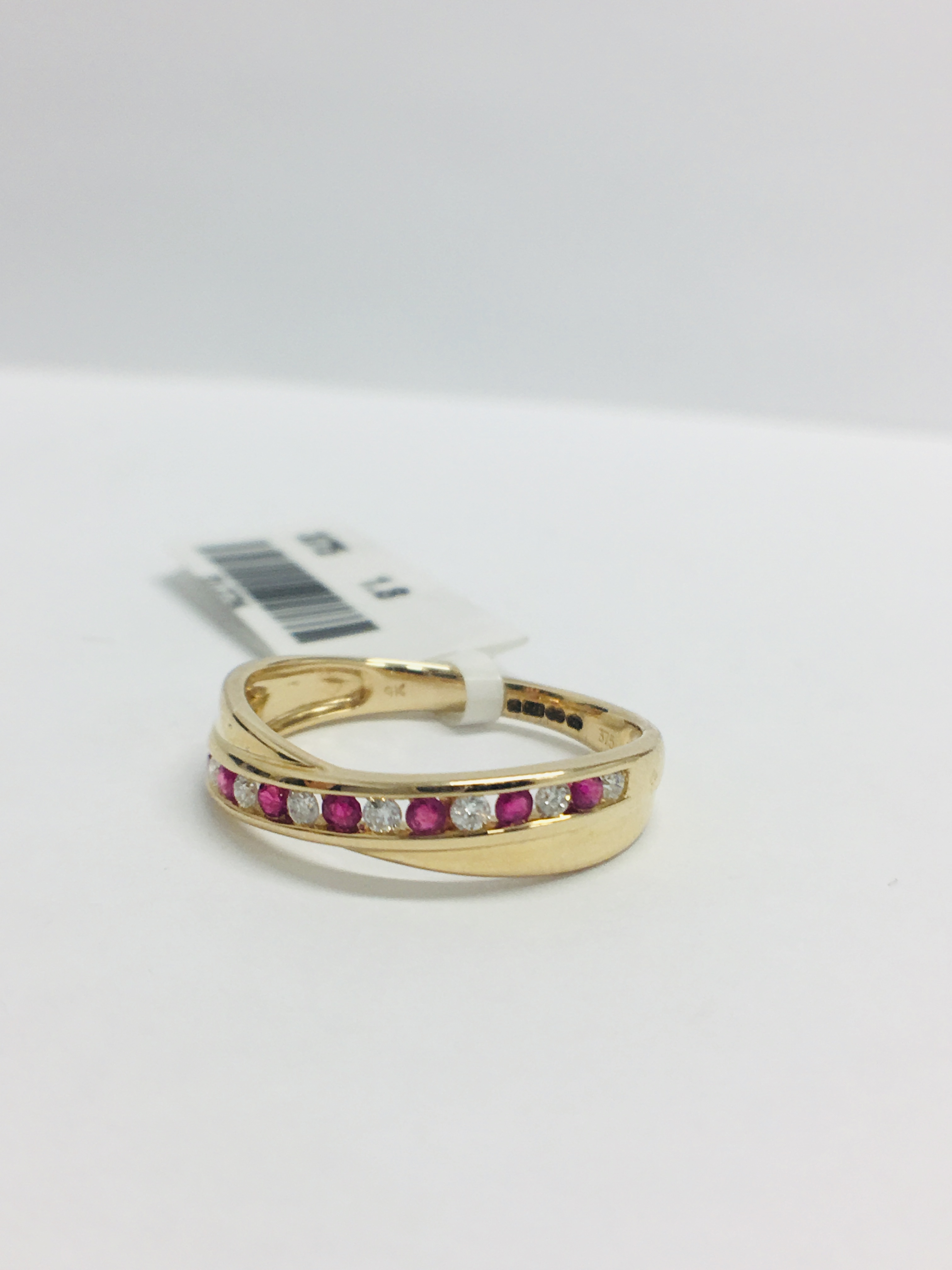 9Ct Yellow Gold Ruby Diamond Crossover Band Ring, - Image 7 of 8