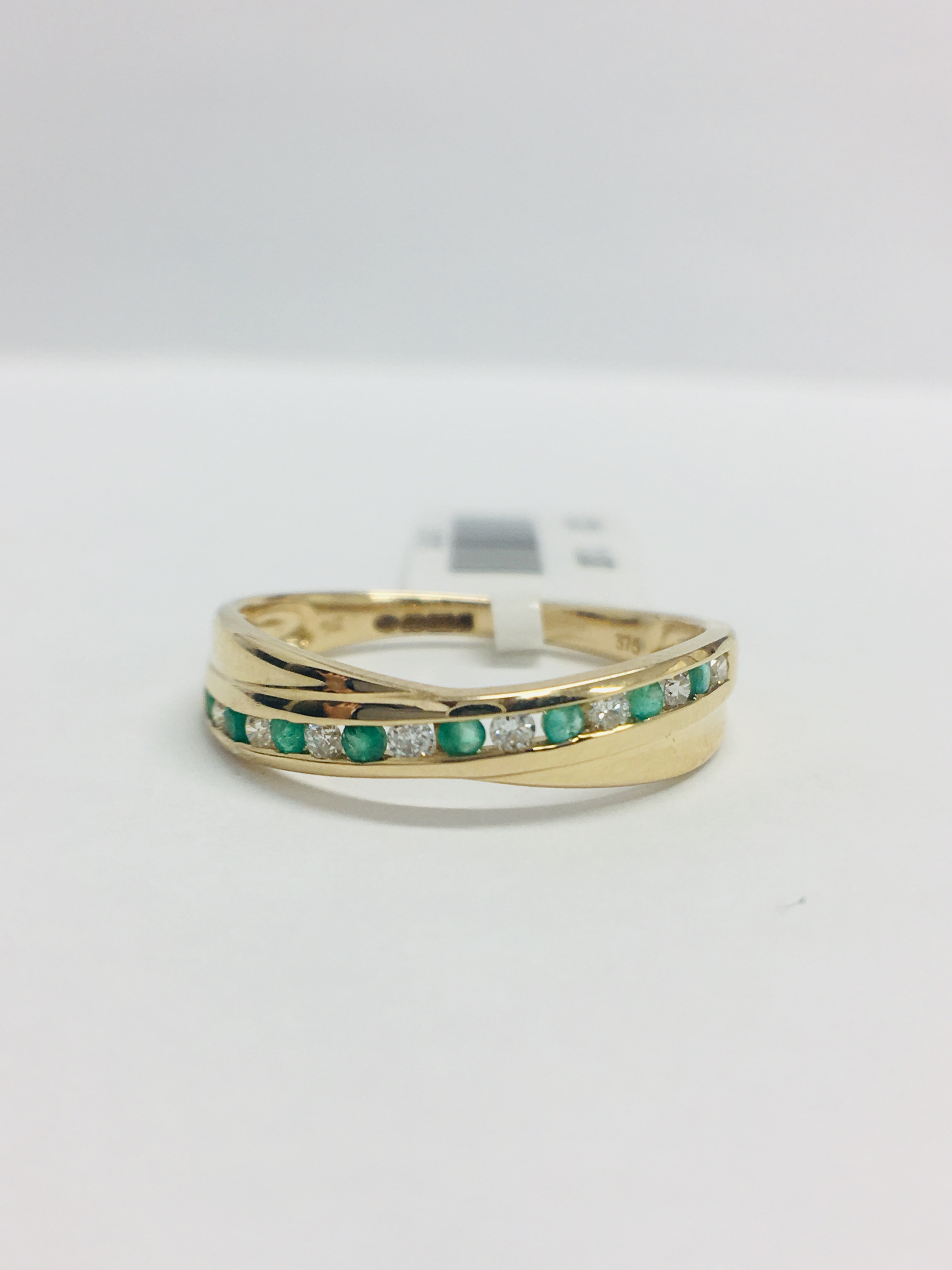 9Ct Yellow Gold Emerald Diamond Crossover Band Ring,