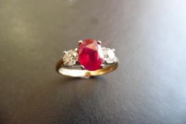 18Ct Gold Ruby Diamond Three Stone Ring,