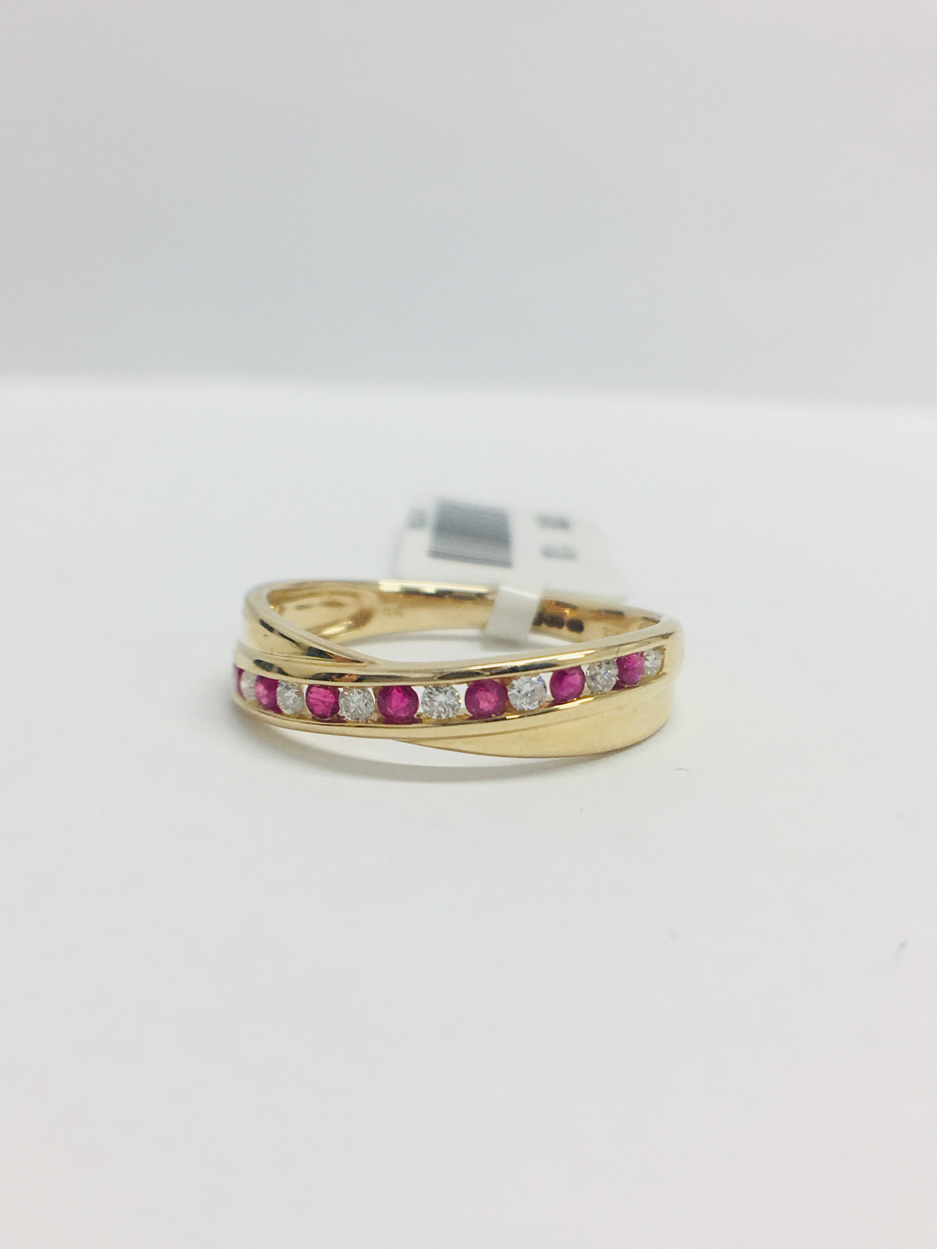 9Ct Yellow Gold Ruby Diamond Crossover Band Ring,