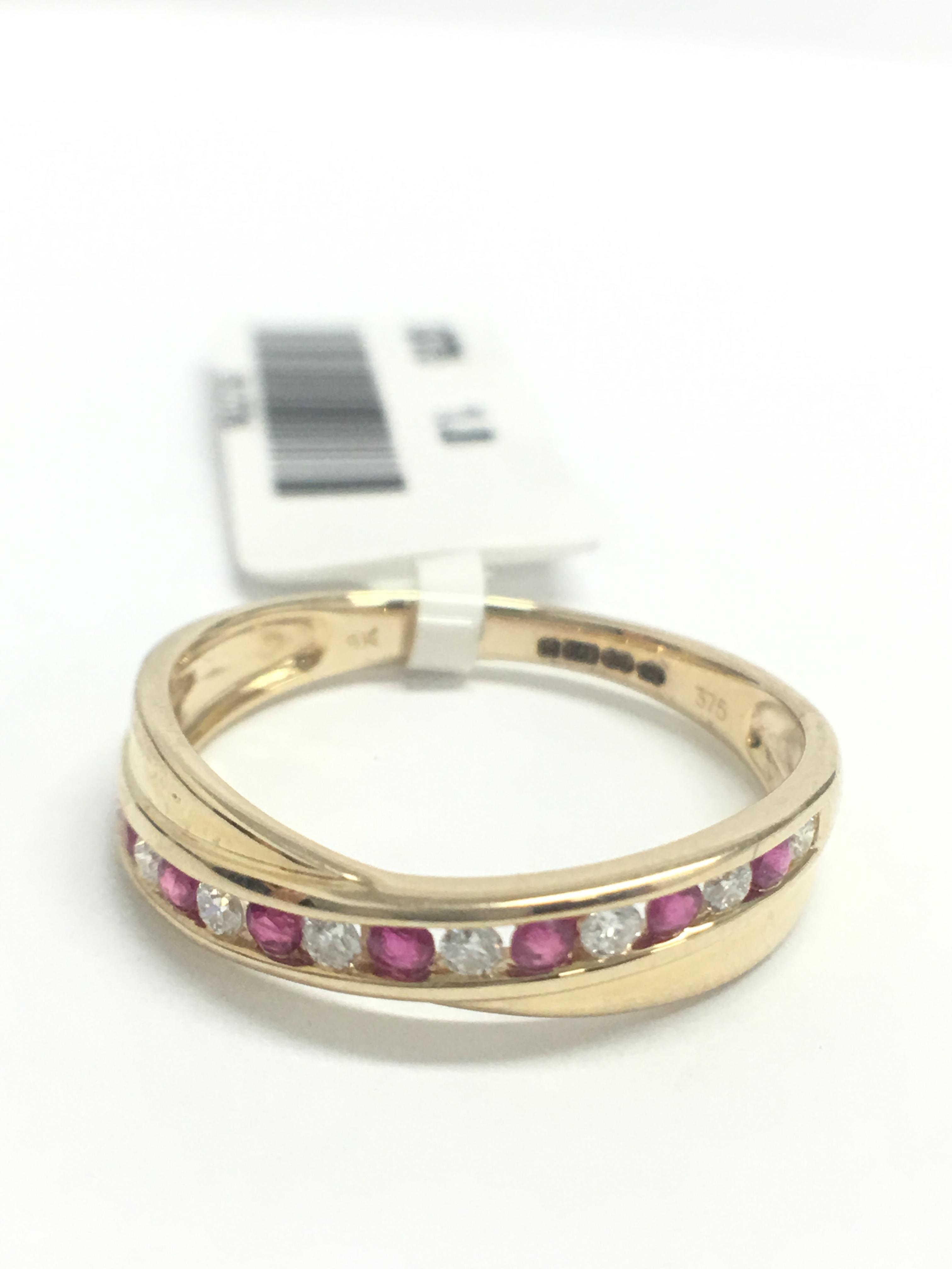 9Ct Yellow Gold Ruby Diamond Crossover Band Ring, - Image 2 of 8