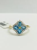 9Ct Yellow Gold Blue Topaz Diamond Cluster Ring,