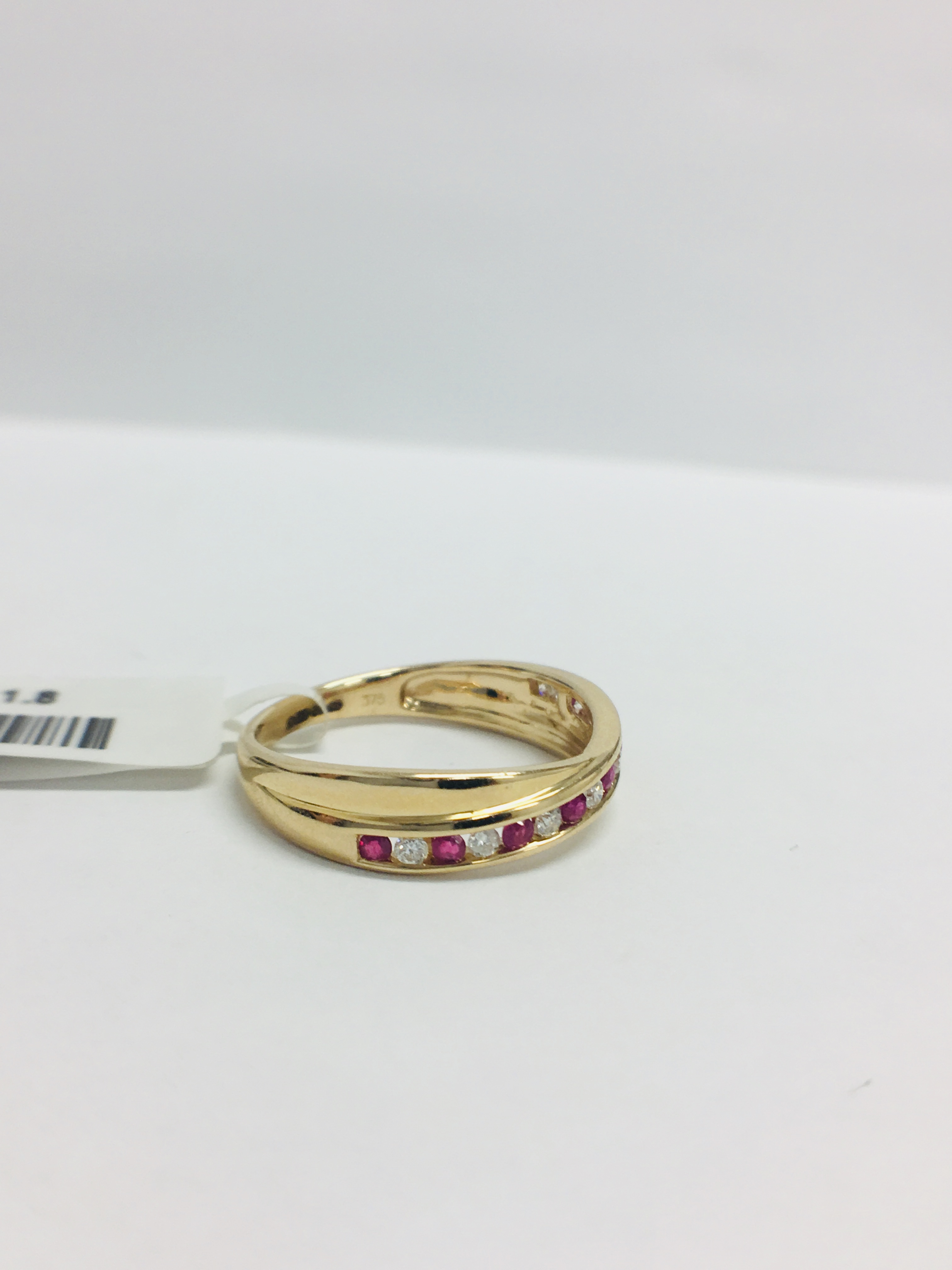 9Ct Yellow Gold Ruby Diamond Crossover Band Ring, - Image 6 of 8