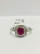 9Ct White Gold Cushion Shape Ruby Diamond Dress Ring,