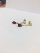 9Ct Yellow Gold Ruby Diamond Drop Earrings,