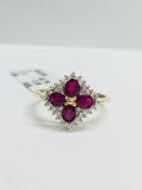 9Ct Yellow Gold Ruby Diamond Cluster Ring,