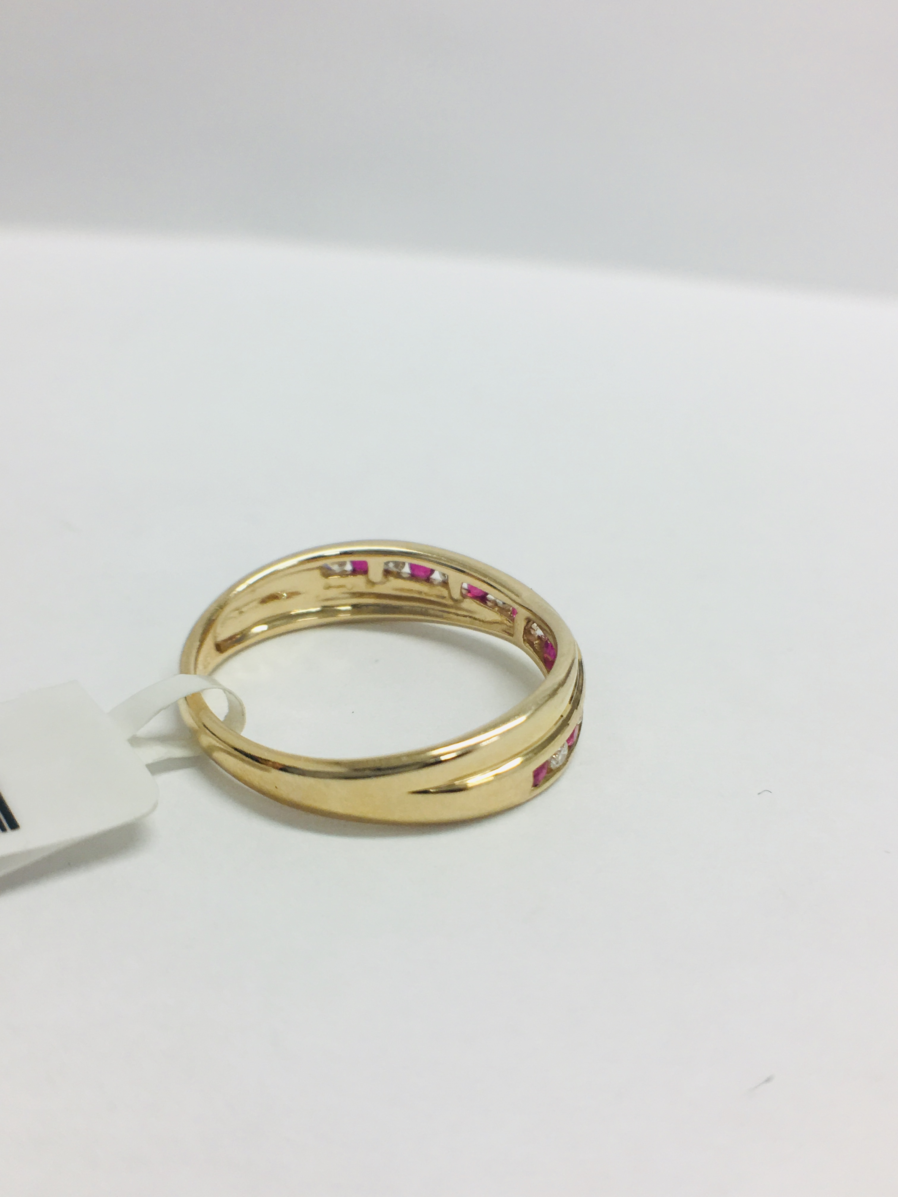 9Ct Yellow Gold Ruby Diamond Crossover Band Ring, - Image 5 of 8