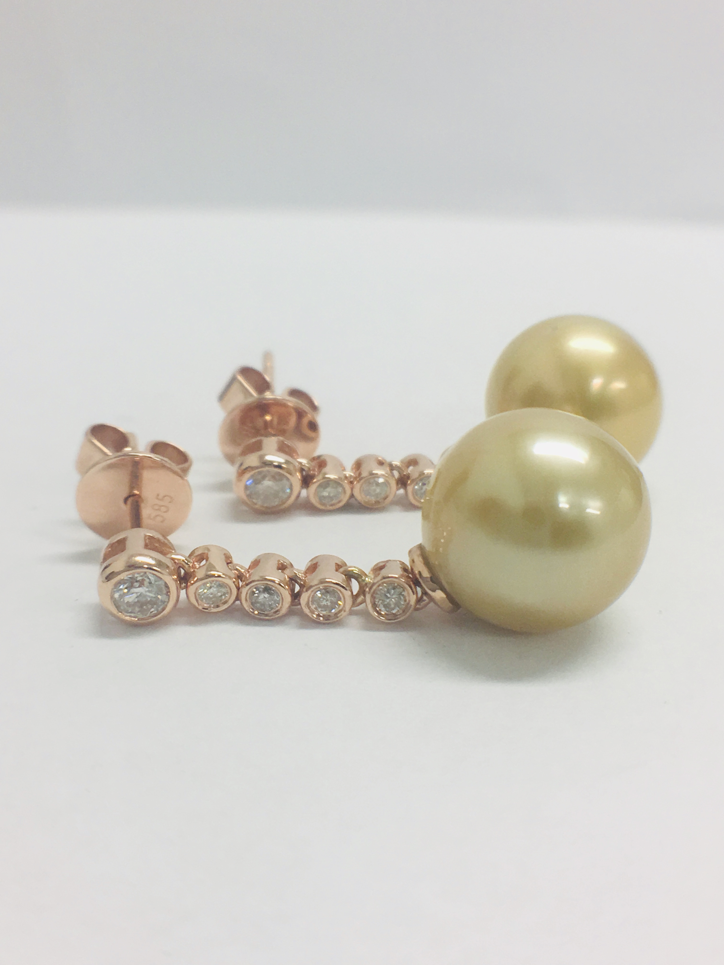 Pair 14Ct Rose Gold Pearl And Diamond Drop Earrings.