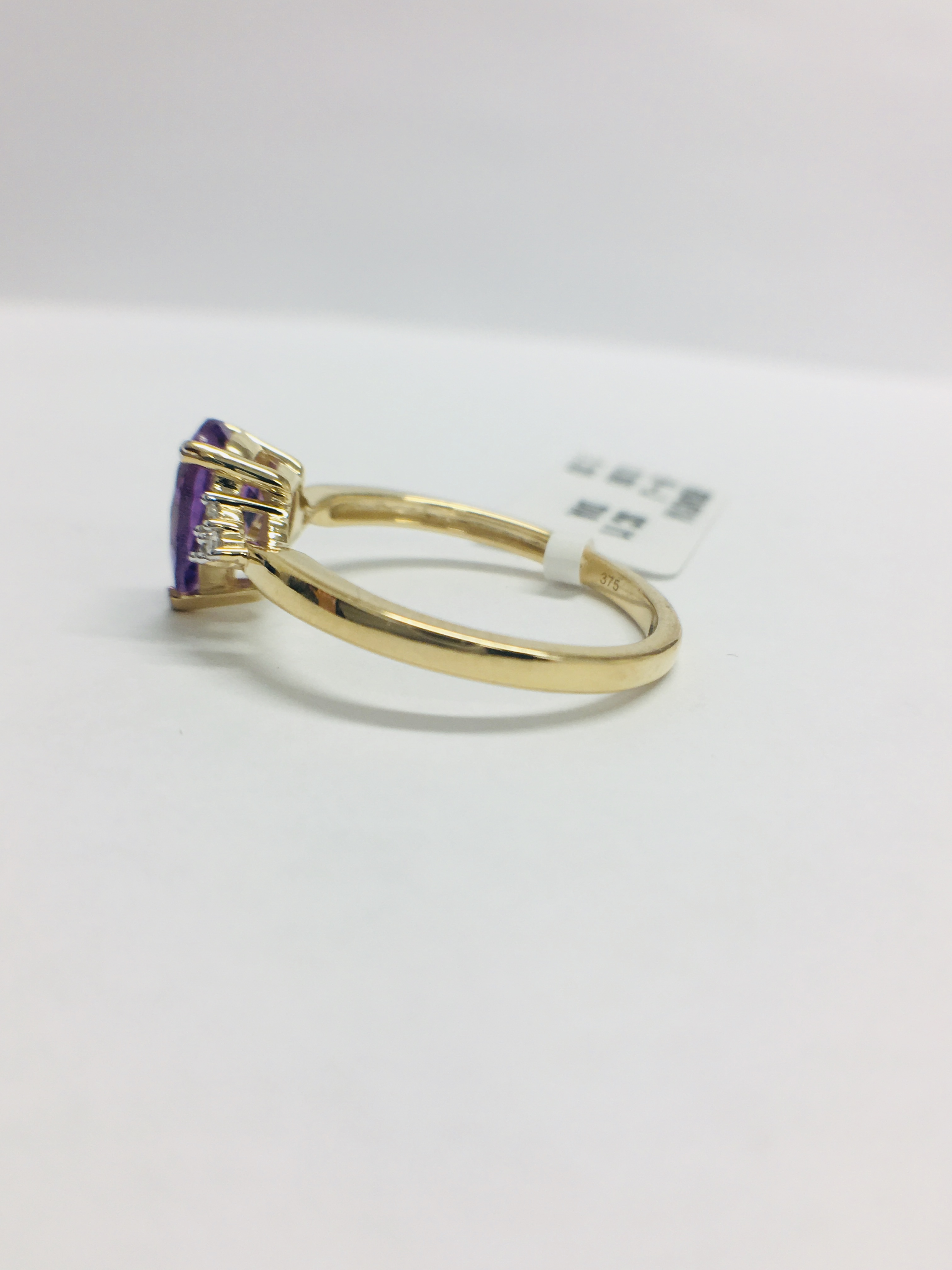 9Ct Yellow Gold Amethyst Diamond Navette Style Dress Ring, - Image 3 of 10