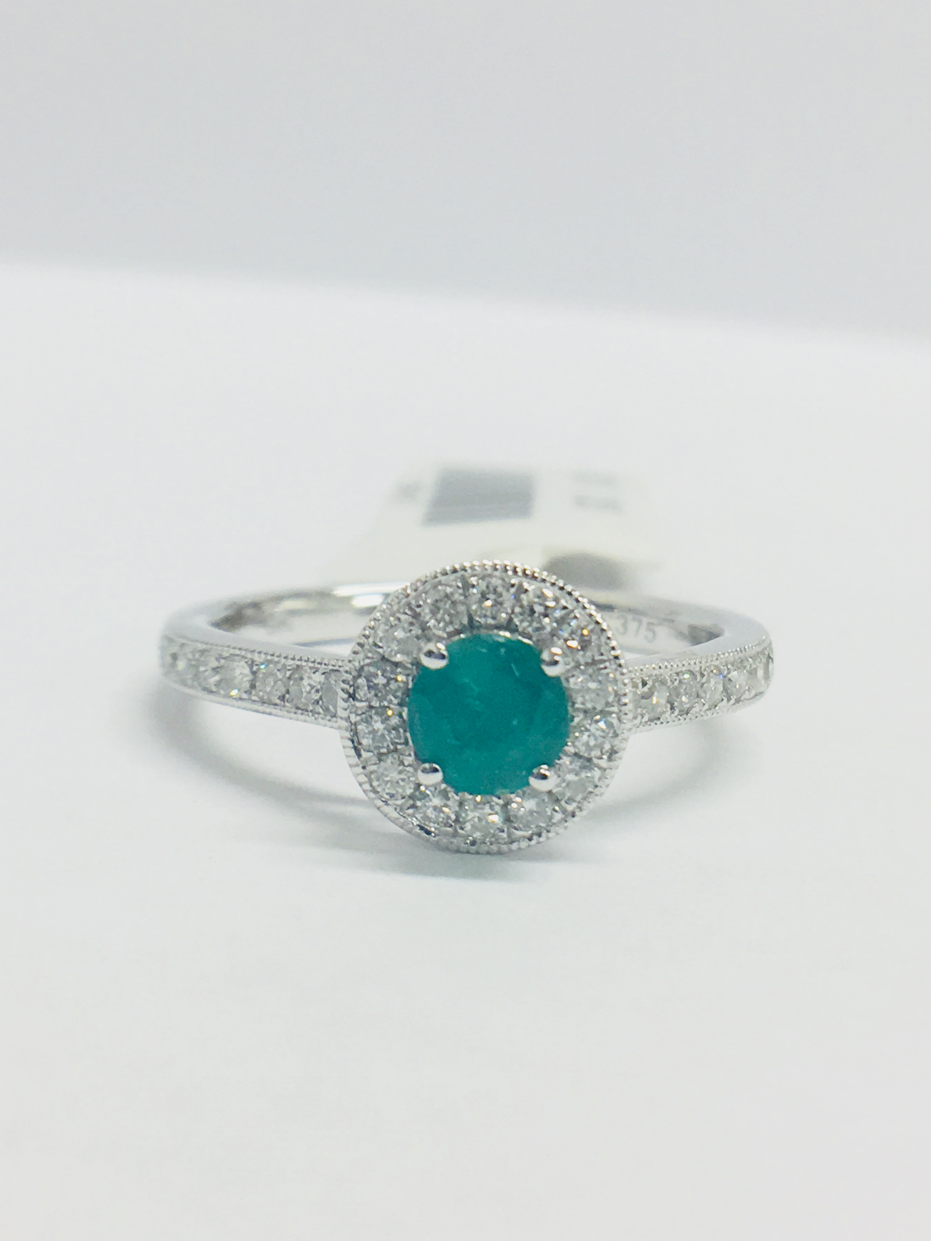 9Ct White Gold Emerald Diamond Cluster Ring,