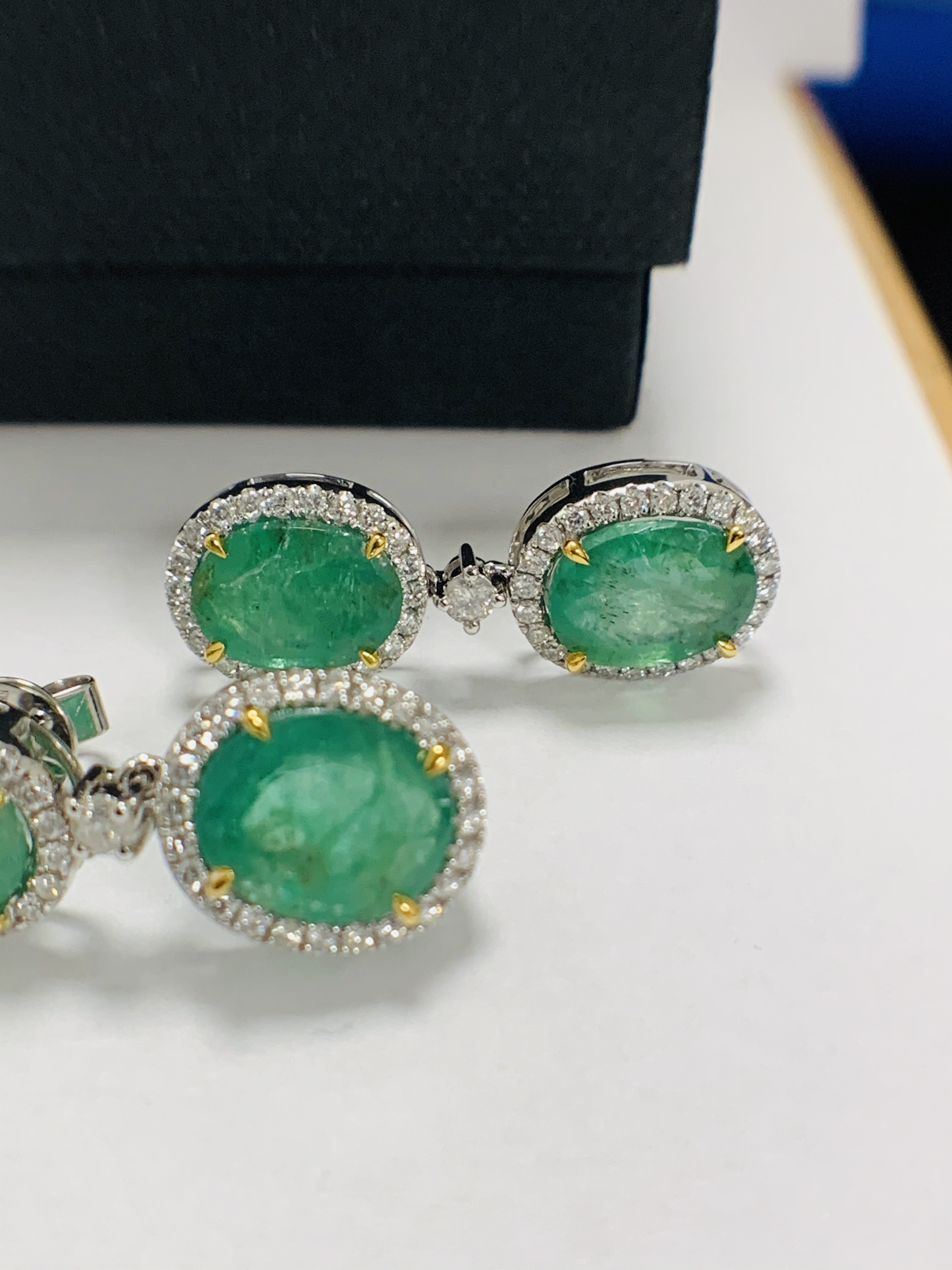 14ct White and Yellow Gold Emerald and Diamond drop earrings featuring, 4 oval cut, medium green Eme - Image 2 of 17