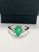 14ct White Gold Emerald and Diamond ring featuring centre, pear cut, medium green Emerald (1.00ct),