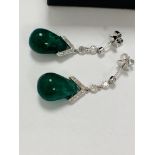 14ct White Emerald and Diamond drop earrings featuring, 2 cabochon tear drop, deep green Emeralds (2