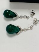 14ct White Emerald and Diamond drop earrings featuring, 2 cabochon tear drop, deep green Emeralds (2