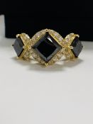 14ct Yellow Gold black Diamond trilogy ring featuring centre, 3 princess cut, black Diamonds (5.03ct