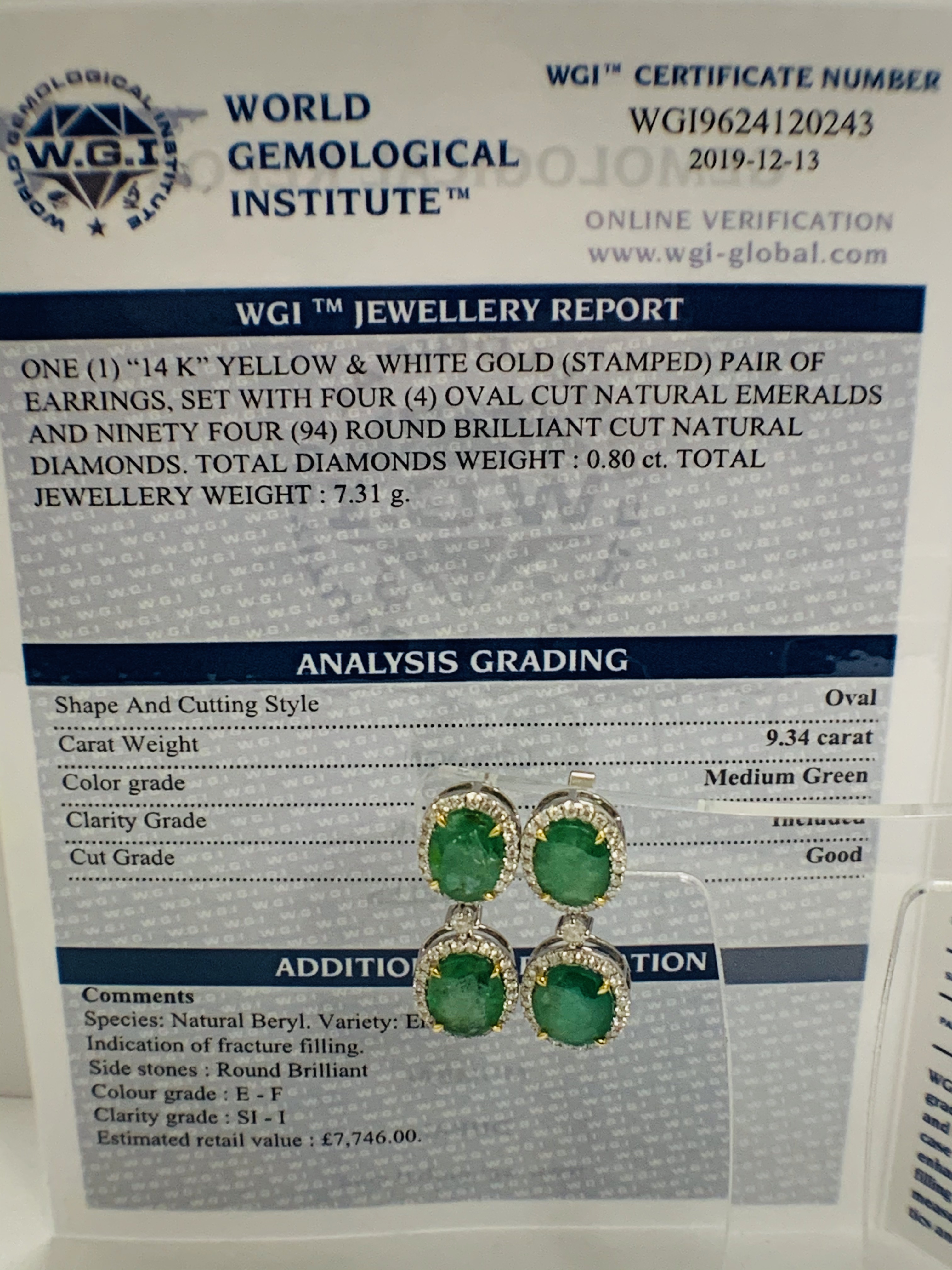 14ct White and Yellow Gold Emerald and Diamond drop earrings featuring, 4 oval cut, medium green Eme - Image 16 of 17