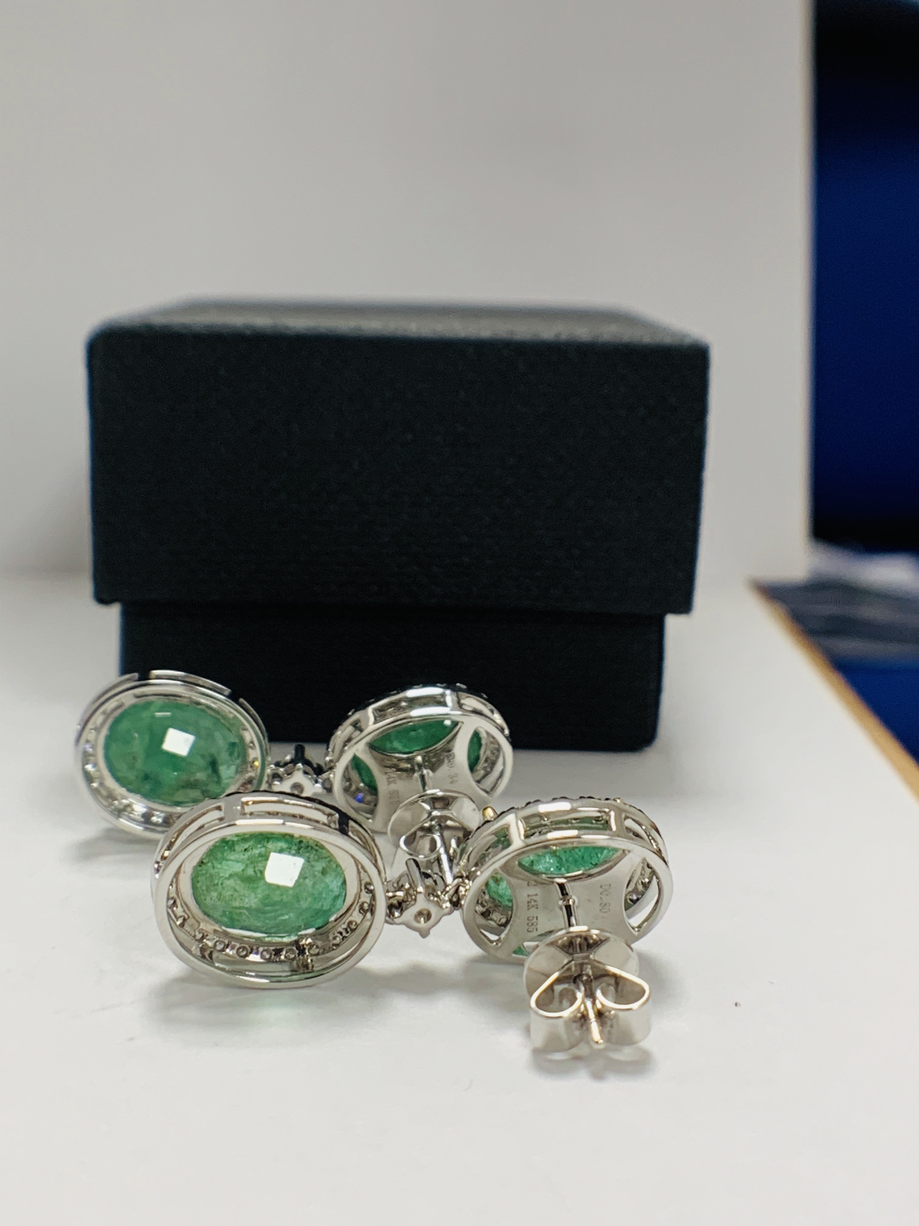 14ct White and Yellow Gold Emerald and Diamond drop earrings featuring, 4 oval cut, medium green Eme - Image 7 of 17