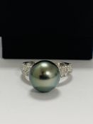 14ct White Gold Pearl and Diamond ring featuring centre, silver Pearl, with 56 round brilliant cut D