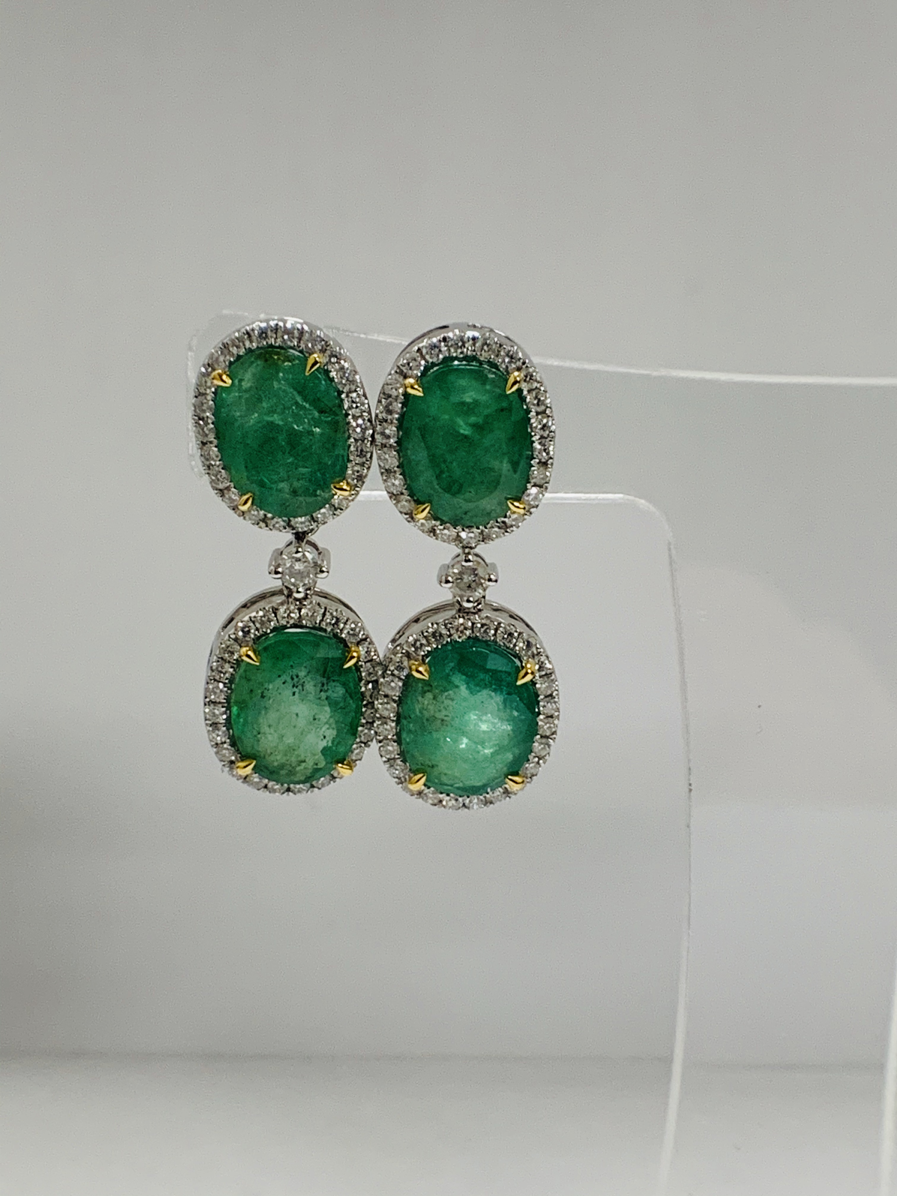 14ct White and Yellow Gold Emerald and Diamond drop earrings featuring, 4 oval cut, medium green Eme - Image 11 of 17