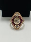 14ct Rose Gold Ruby and Diamond ring featuring centre, round brilliant cut Diamond (0.51ct), bezel s