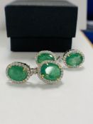 14ct White and Yellow Gold Emerald and Diamond drop earrings featuring, 4 oval cut, medium green Eme