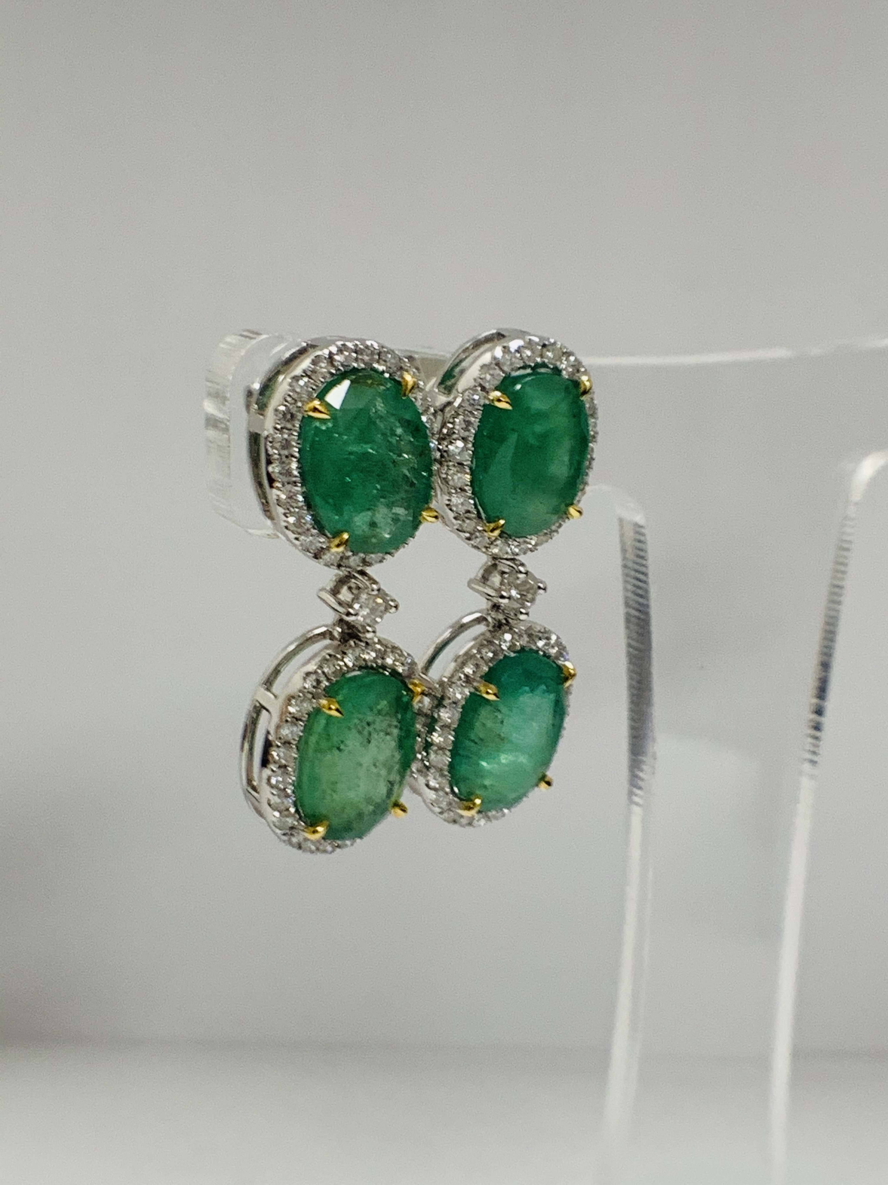 14ct White and Yellow Gold Emerald and Diamond drop earrings featuring, 4 oval cut, medium green Eme - Image 12 of 17