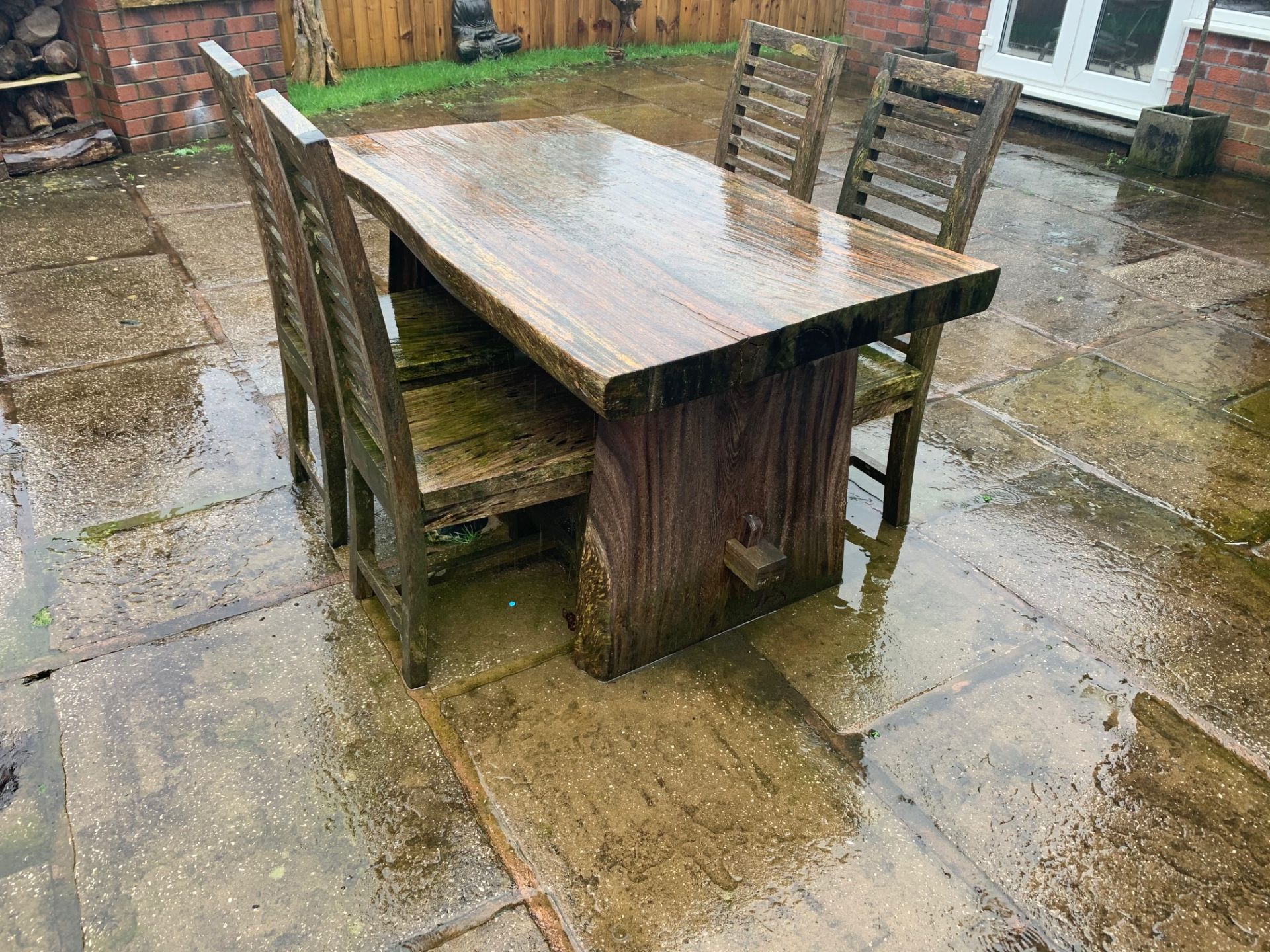 1.5M LONG SOLID SUAR WOOD LIVE EDGE OUTDOOR HEAVY DUTY TABLE AND 6 CHAIRS
