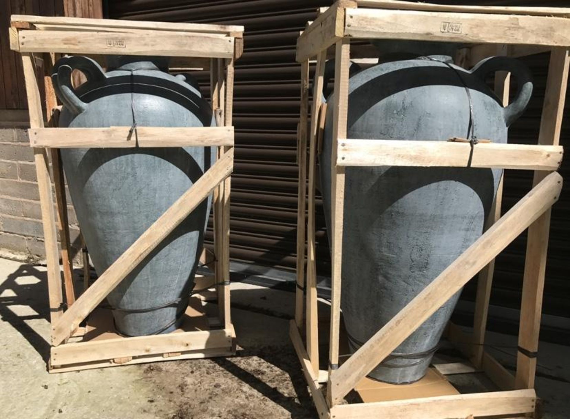 MASSIVE PAIR OF CRATED TERRACOTTA URNS 1.1M HIGH