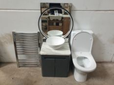 Bathroom Set - Cupboard with Bowl, Toilet, Radiator and Mirror