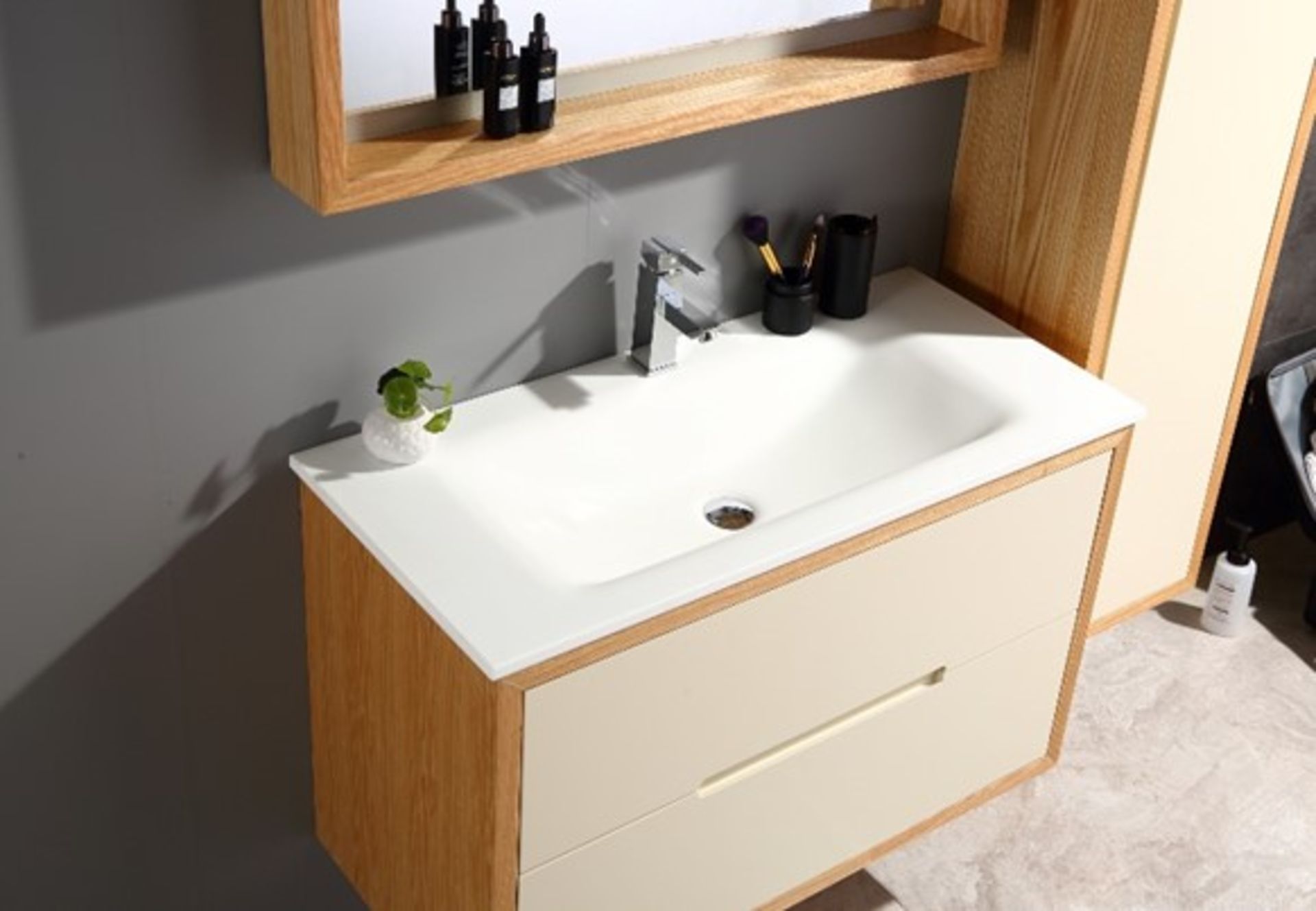 Bathroom Vanity Unit & Glass Basin - Side Draw - Mirrored Cabinet & LED Light - Image 2 of 5