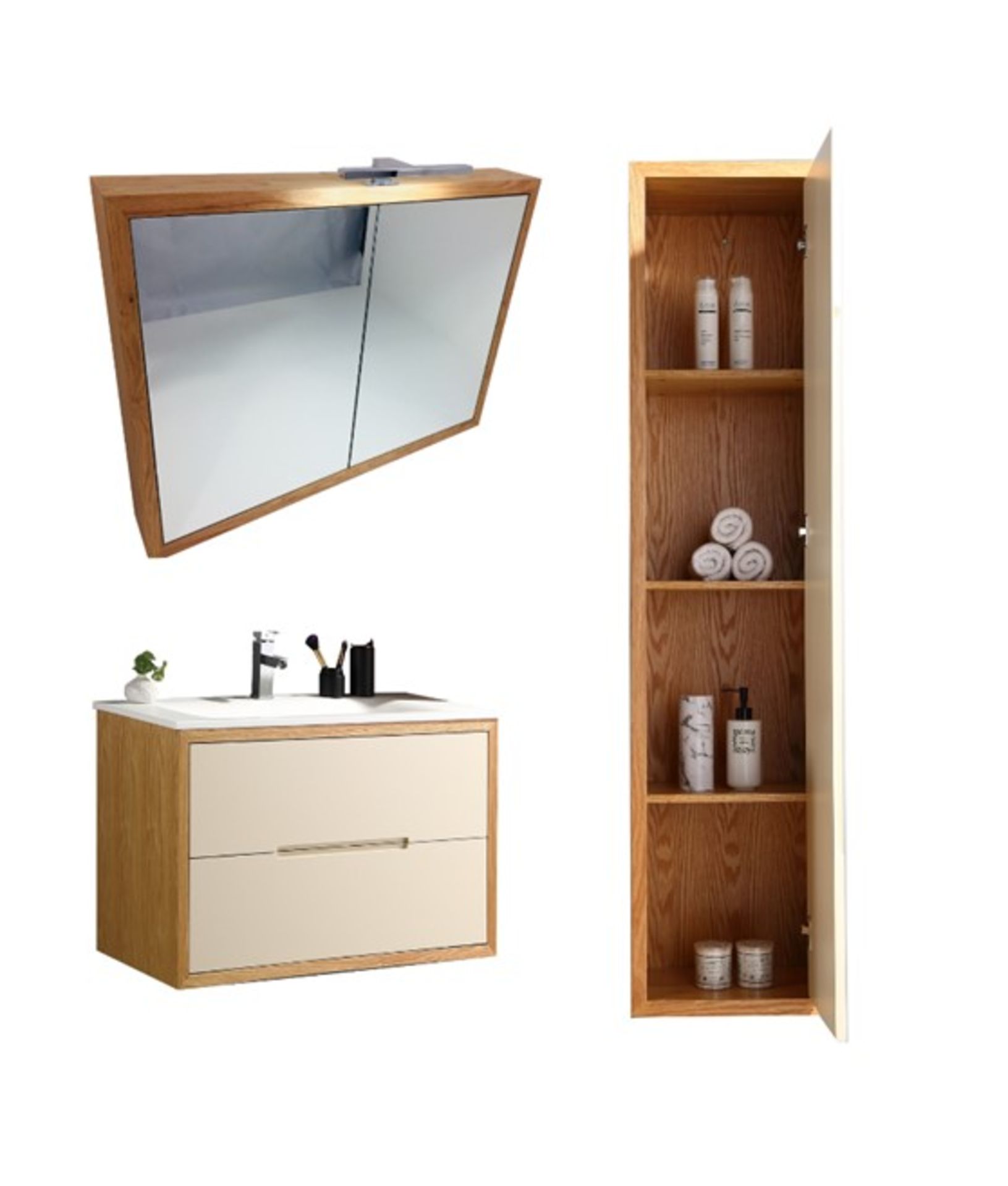 Bathroom Vanity Unit & Glass Basin - Side Draw - Mirrored Cabinet & LED Light - Image 3 of 5