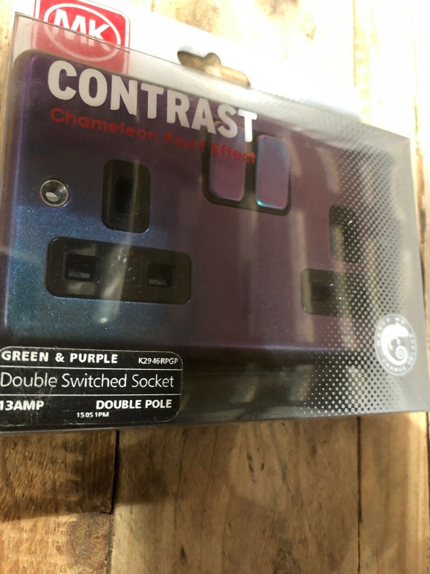 MK Contrast 13amp Green and Purple Double Switched Socket