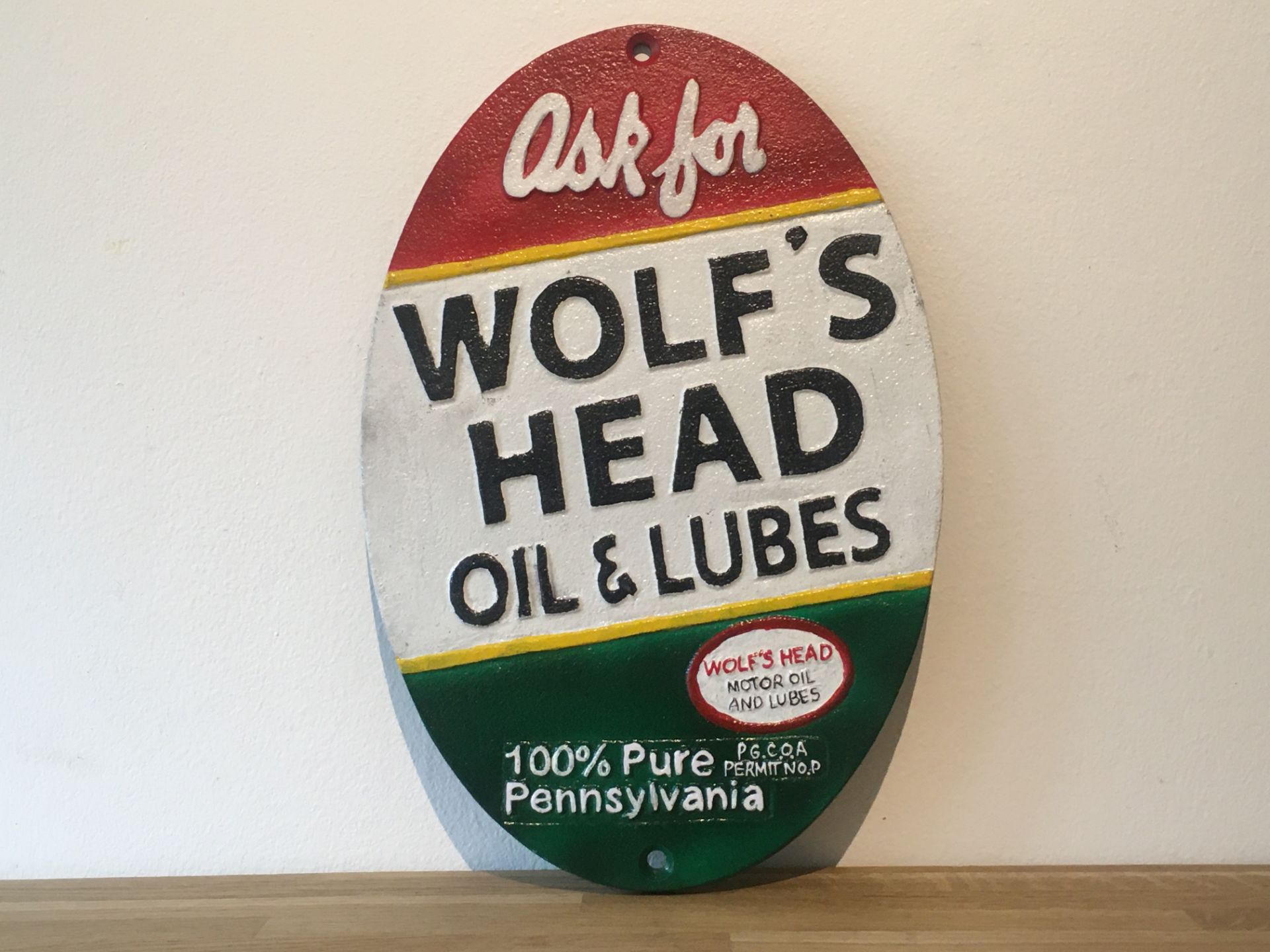 Wolf Head 'Oil & Lubes' Cast Iron Sign