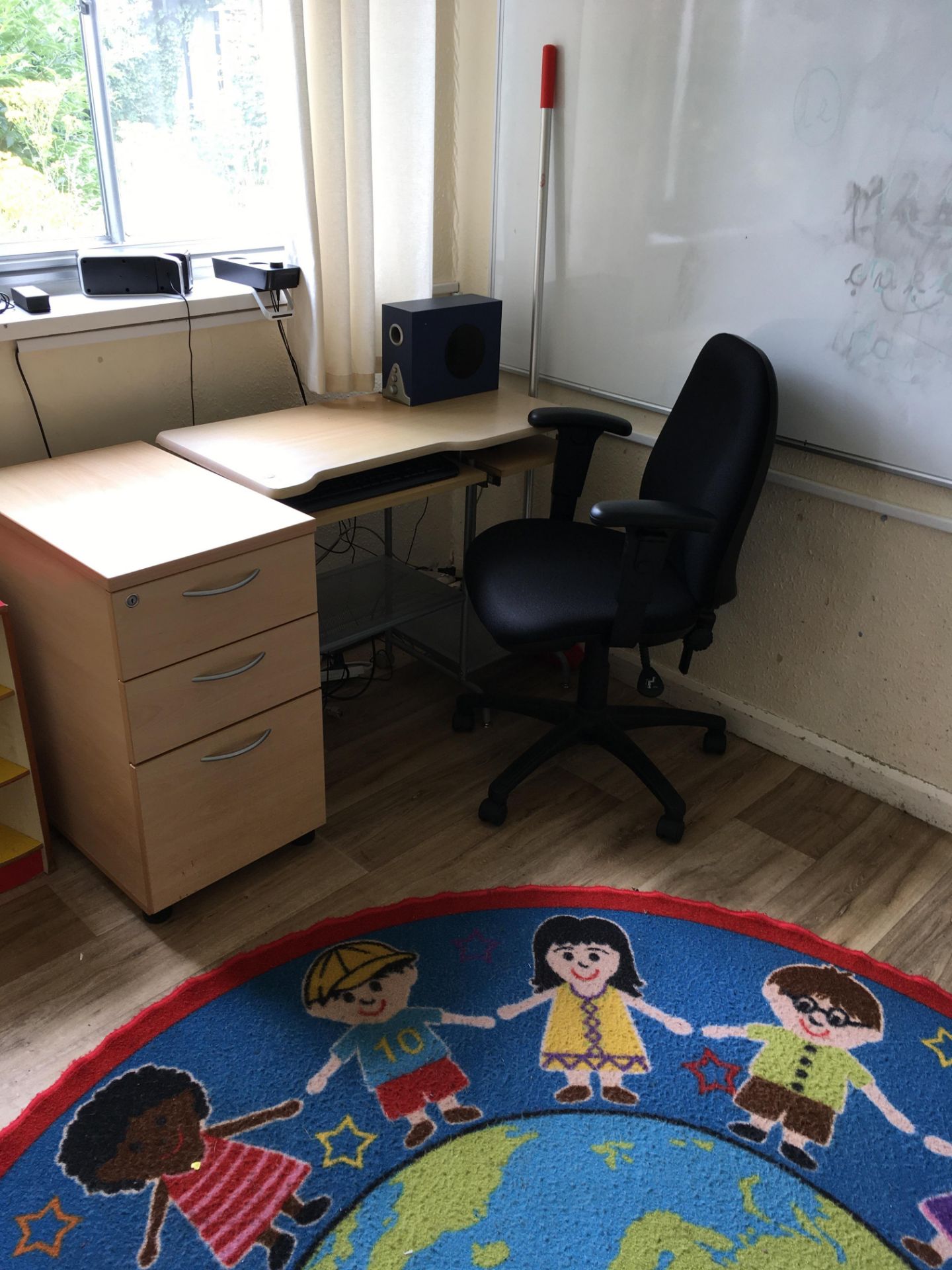 Computer desk, three drawer pedestal, office chair