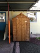 Apex roof garden shed with single door and window and chalkboard fitted to one side with contents, 1