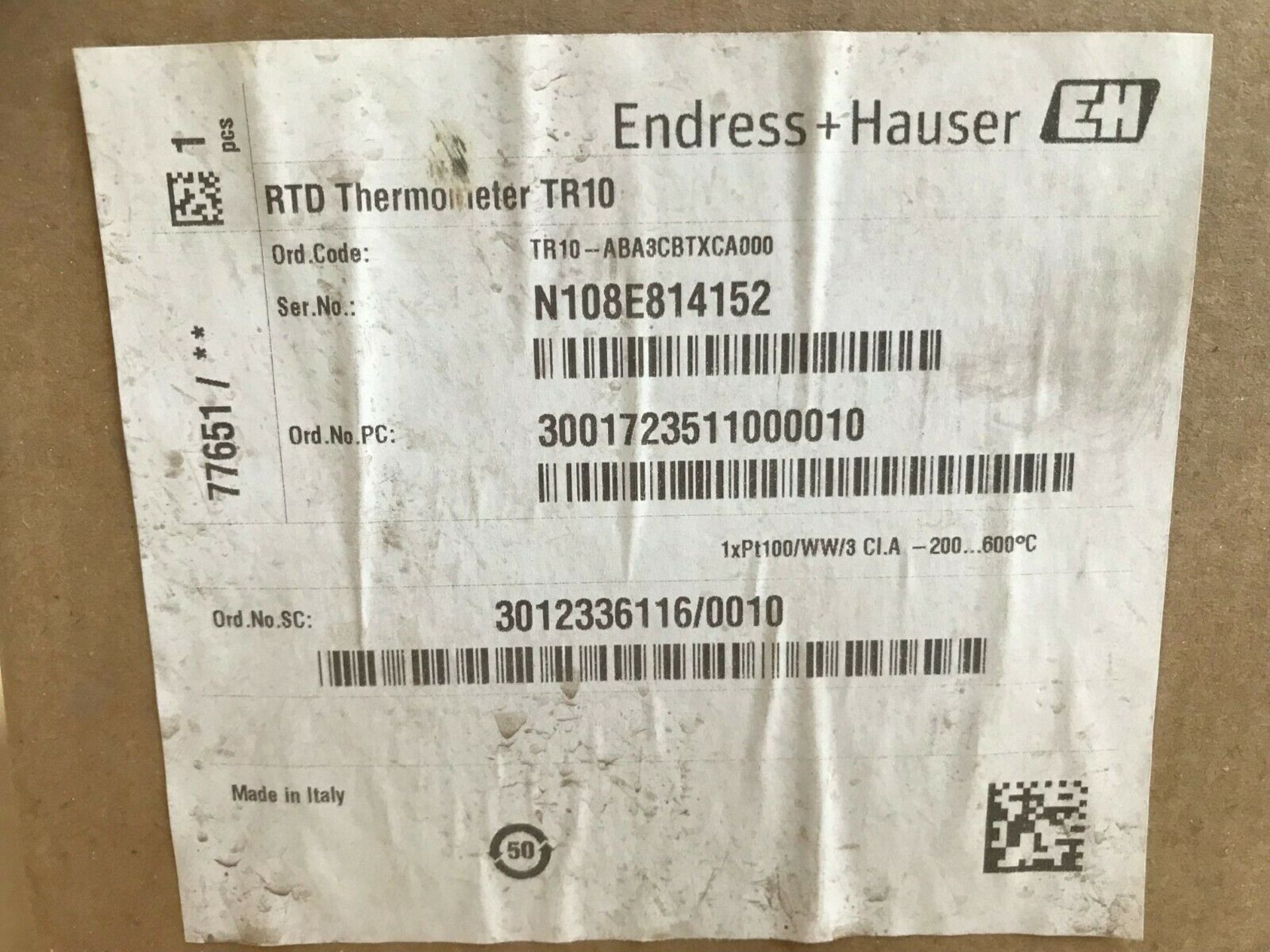 Endress + Hauser TR10 RTD Thermometer ABA3CBTXCA00