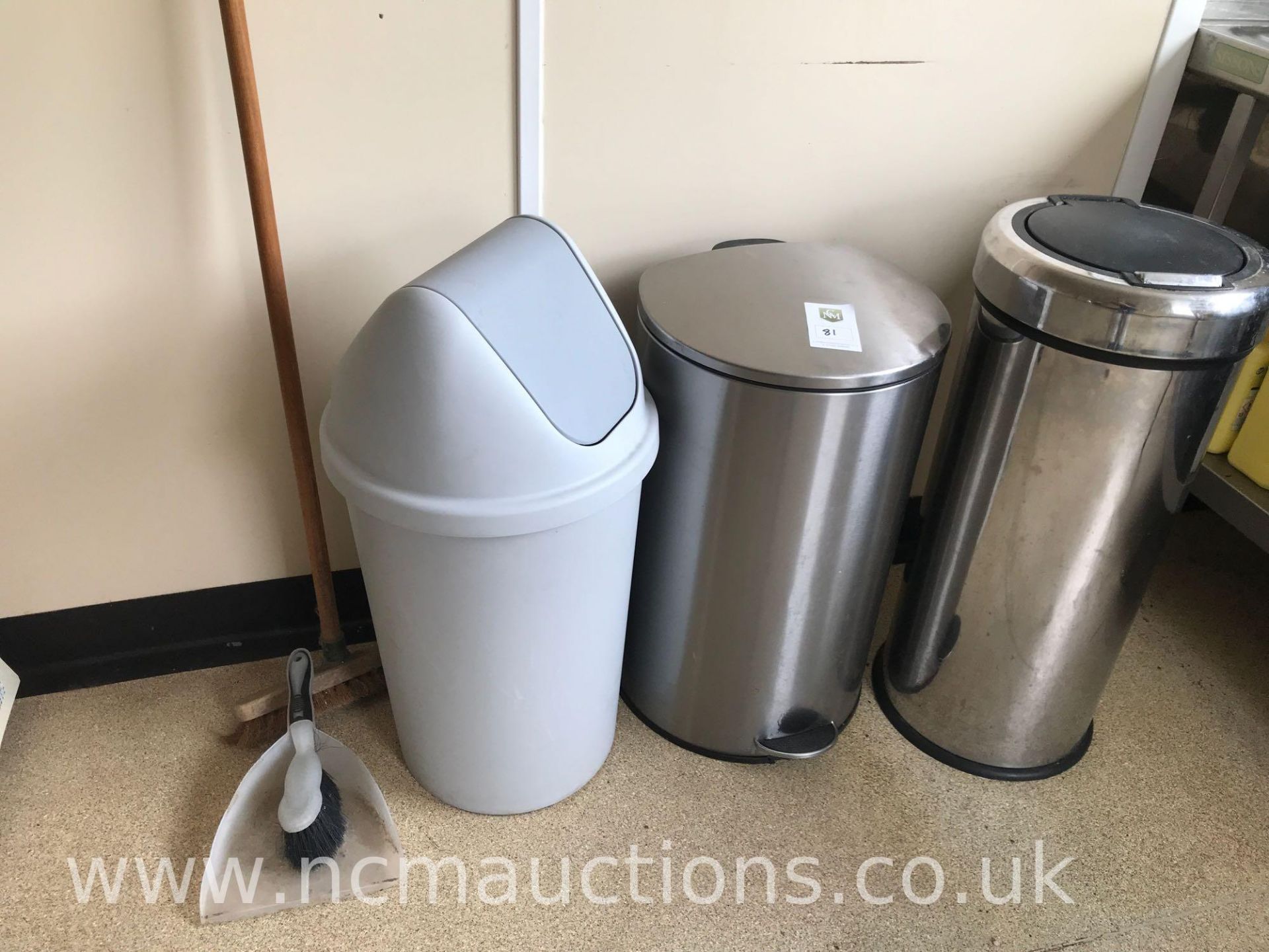 Stainless Steel Rubbish Binsx 2 plastic bin x 1and Sweeping Brushes - Image 2 of 2