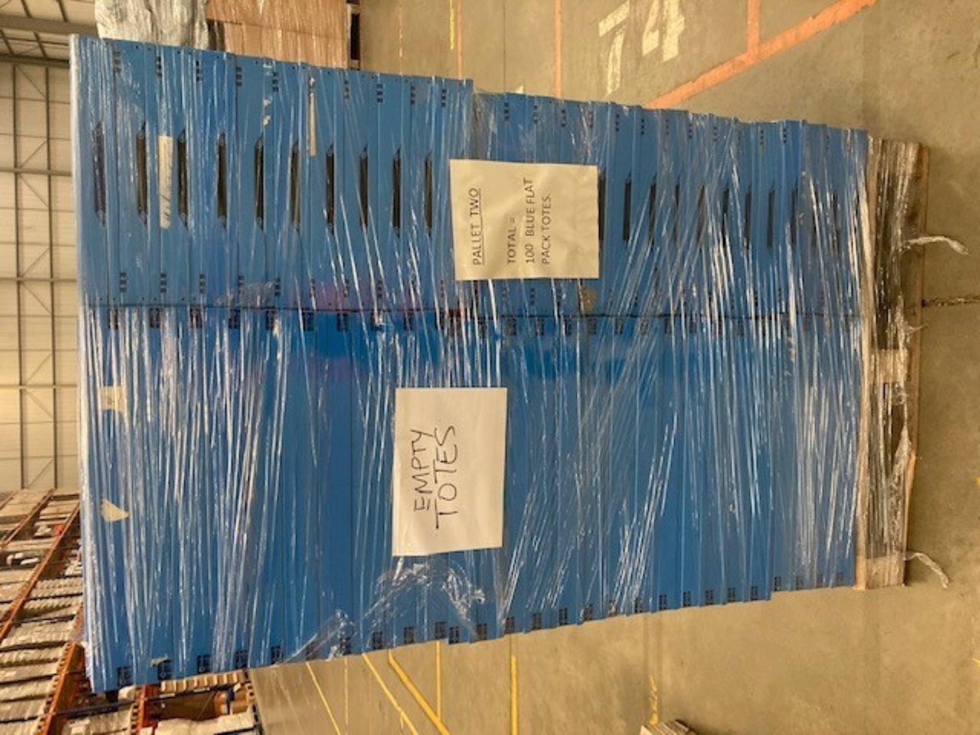 1 Pallet of 100 Blue Industrial Totes.