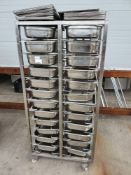 Stainless steel baymarie trolley on wheels with baymaries and lids