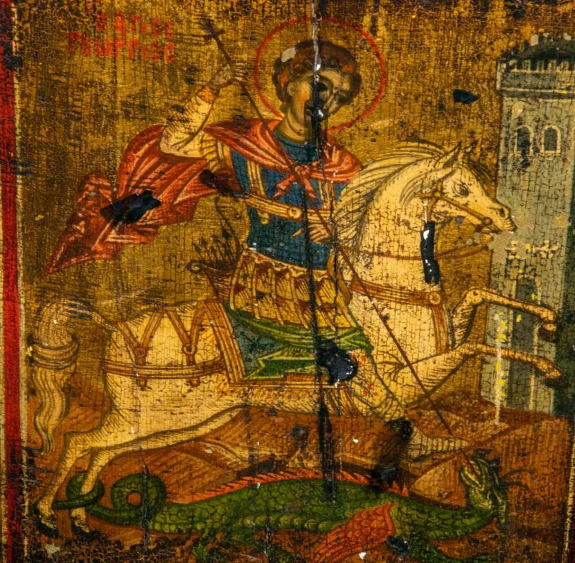 Alte oder antike 8 Felder-Ikone u. a. mit Darstellung des Heiligen Georg als Drachentöter. Eitempera - Bild 4 aus 6