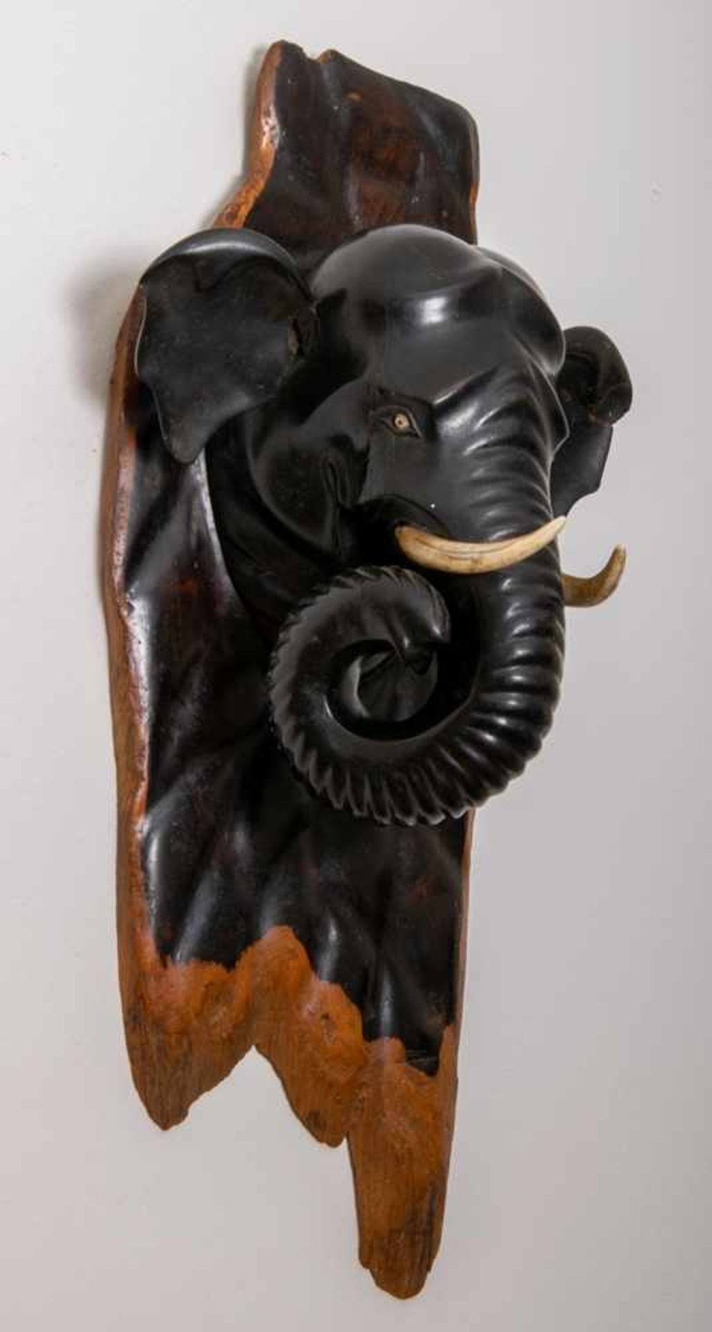 "Elefantenkopf" - stilisierte/handgeschnitzte Trophäe, Hartholz mit eingesetzten Glasaugen & - Image 2 of 7