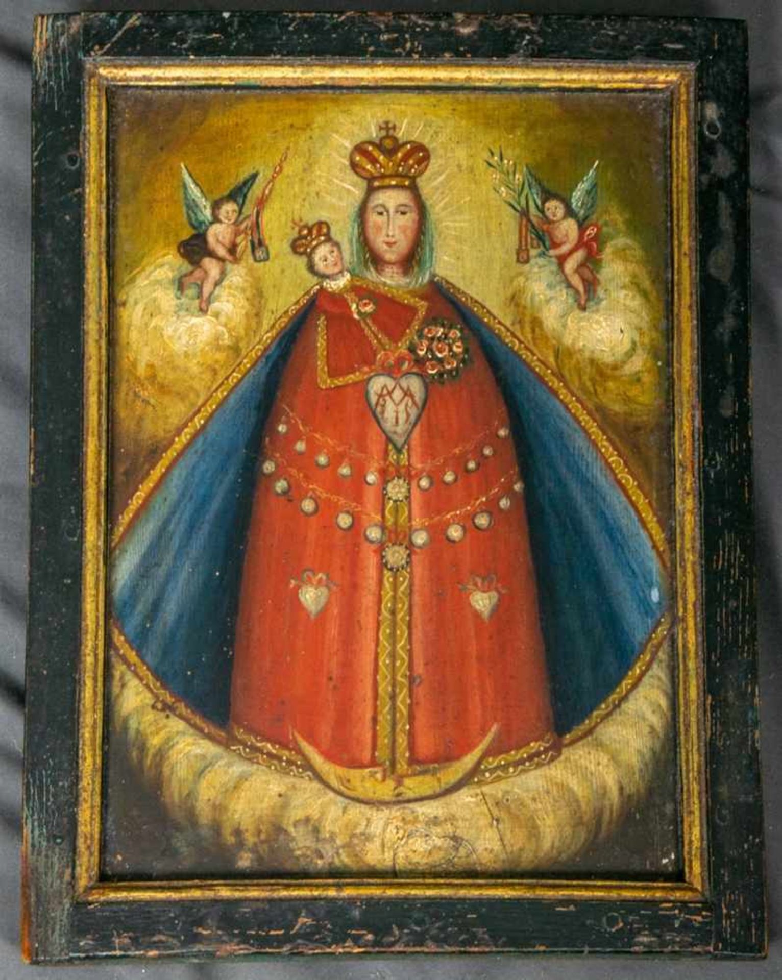 Antike Ikone/Votivtafel "Maria mit dem Kinde". Eitempera auf Nadelholztafel, ca. 31 x 22 cm, 18./19.