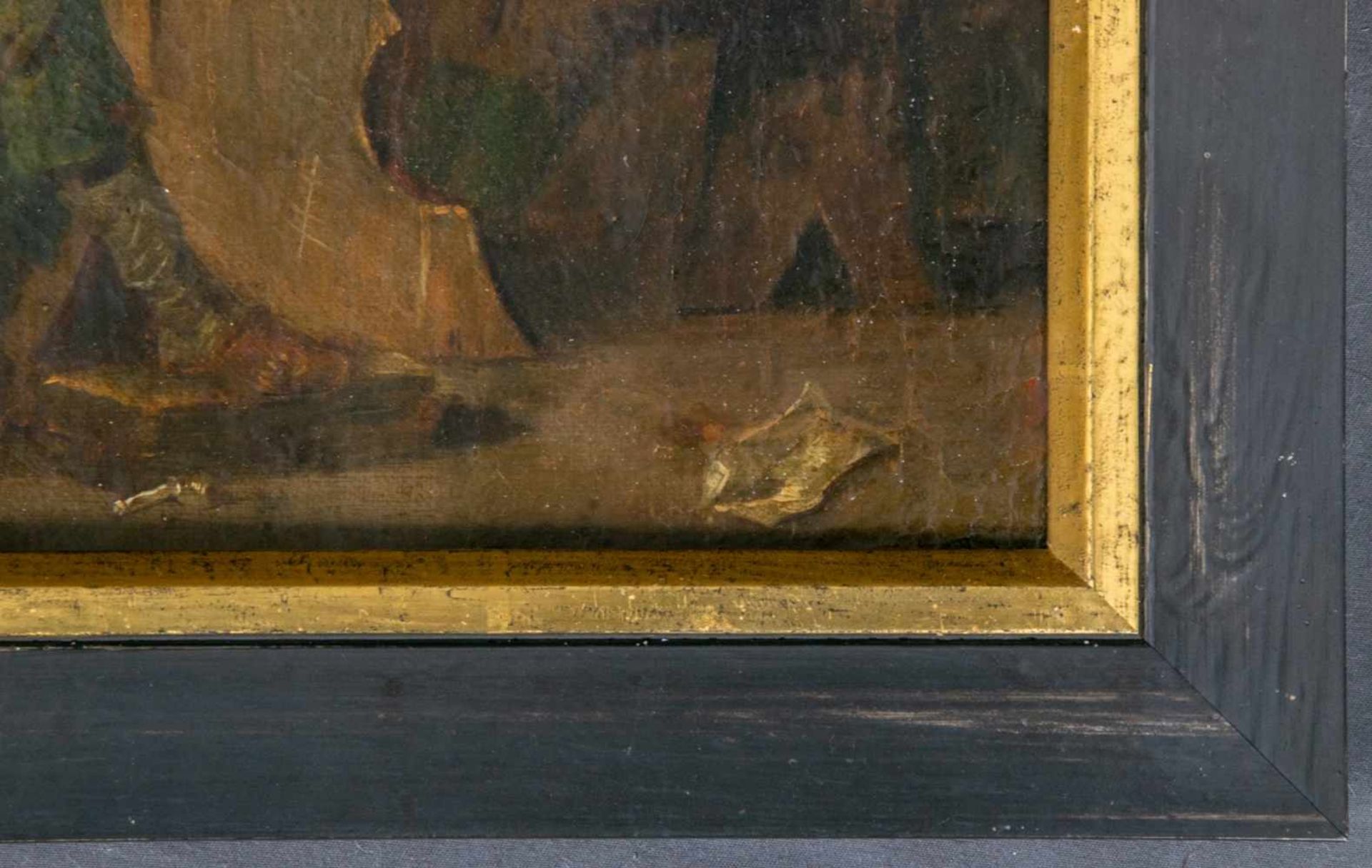 "In der Taverne". Gemälde Niederlande 18. Jhd., Öl auf Leinwand, ca. 35 x 26 cm, unsigniert, - Bild 4 aus 13
