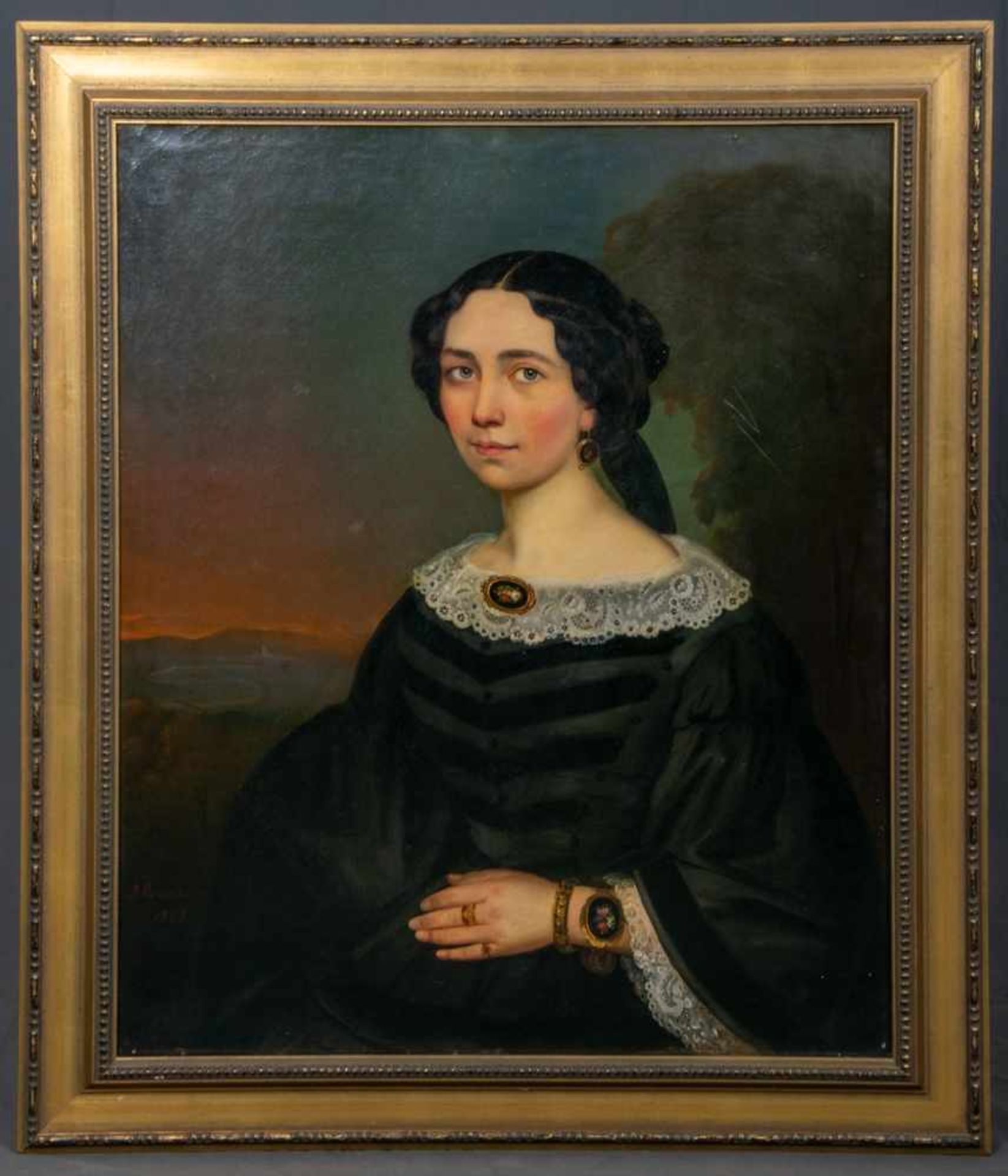 "Elegante junge Dame"- Damenporträt, Öl auf Leinwand, ca 83 x 69 cm, unklar signiert, 1858 datiertes