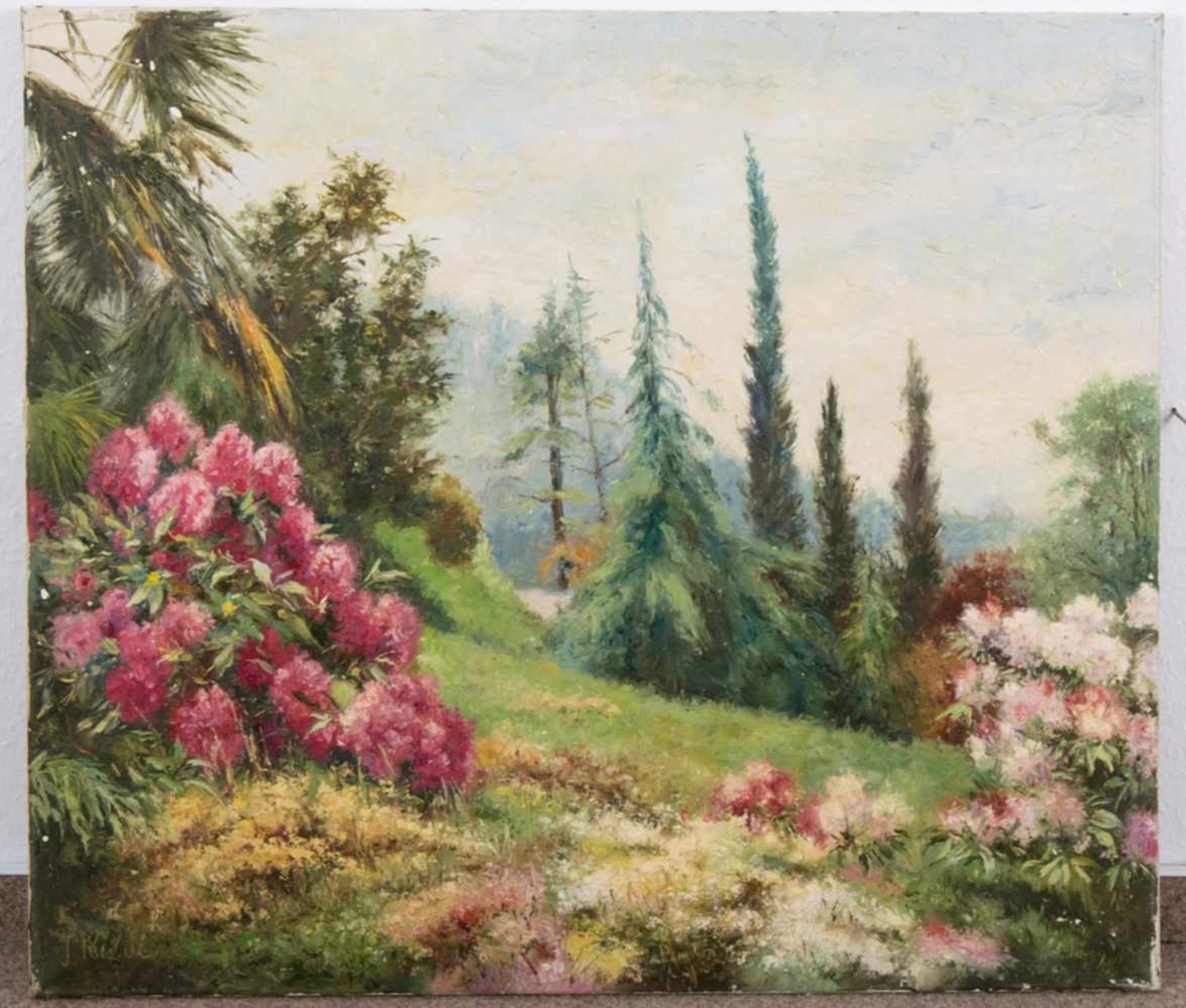 "Blühender Garten". Gemälde, Öl auf Leinwand, unten links undeutlich signiert, ungerahmt, ca. 70 x