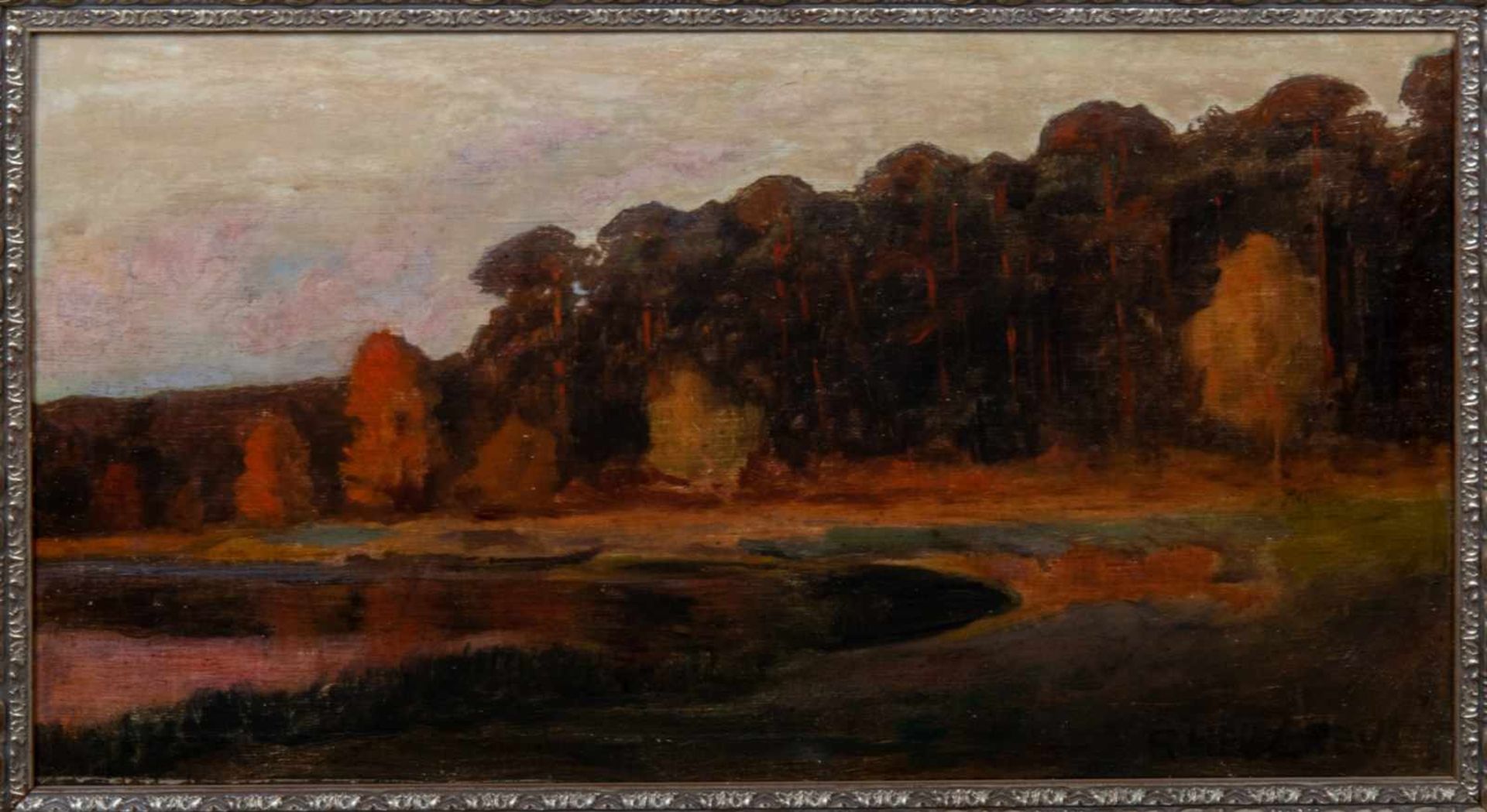 "Märkische Landschaft im Abendrot", Gemälde, Öl auf Leinwand, ca. 37 x 69 cm, signiert R. - Bild 5 aus 5